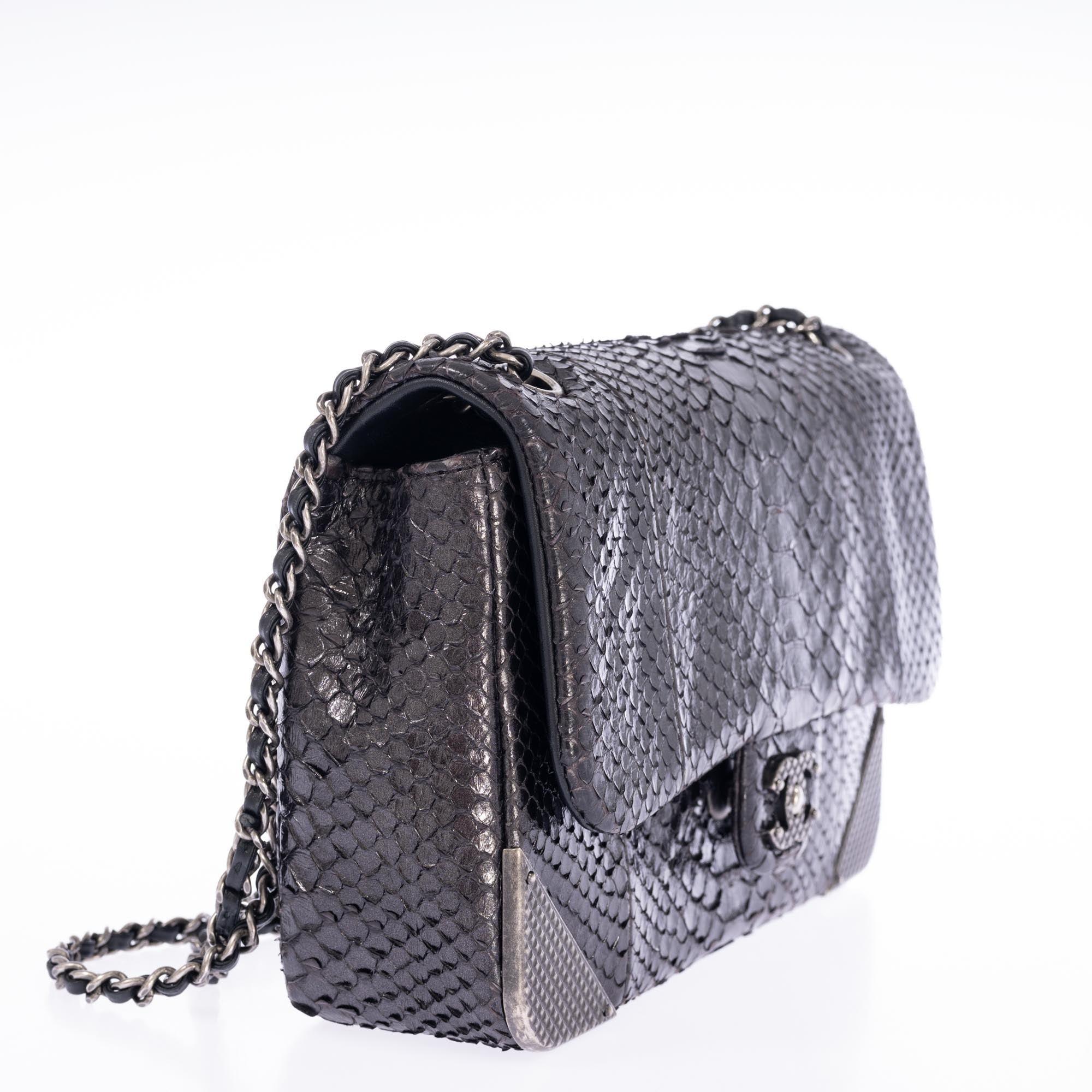 Chanel Python Rock The Corner Flap Bag Grey Metallic with Gunmetal Hardware