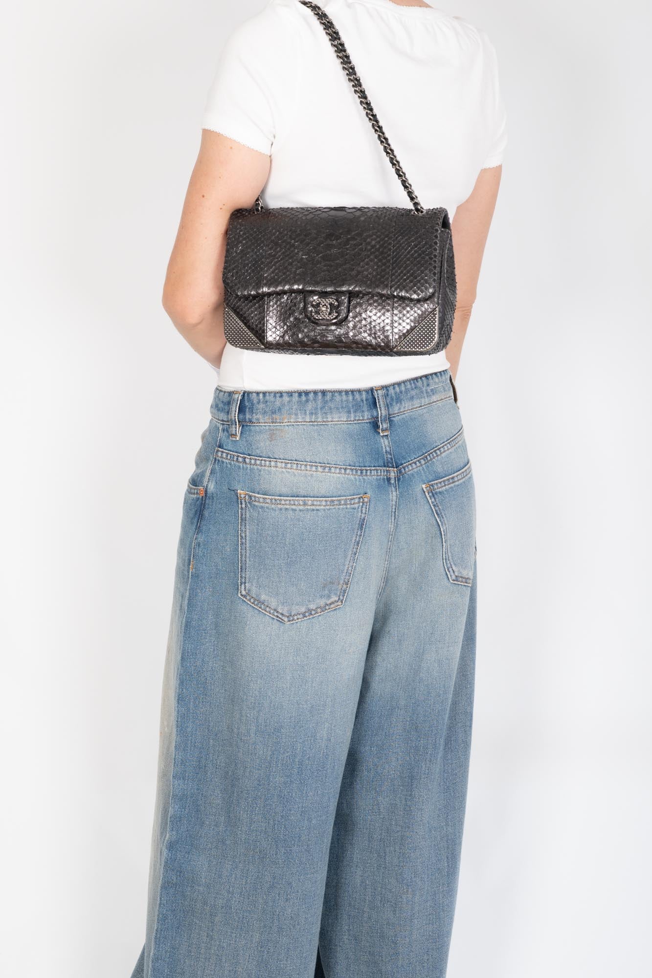 Chanel Python Rock The Corner Flap Bag Grey Metallic with Gunmetal Hardware