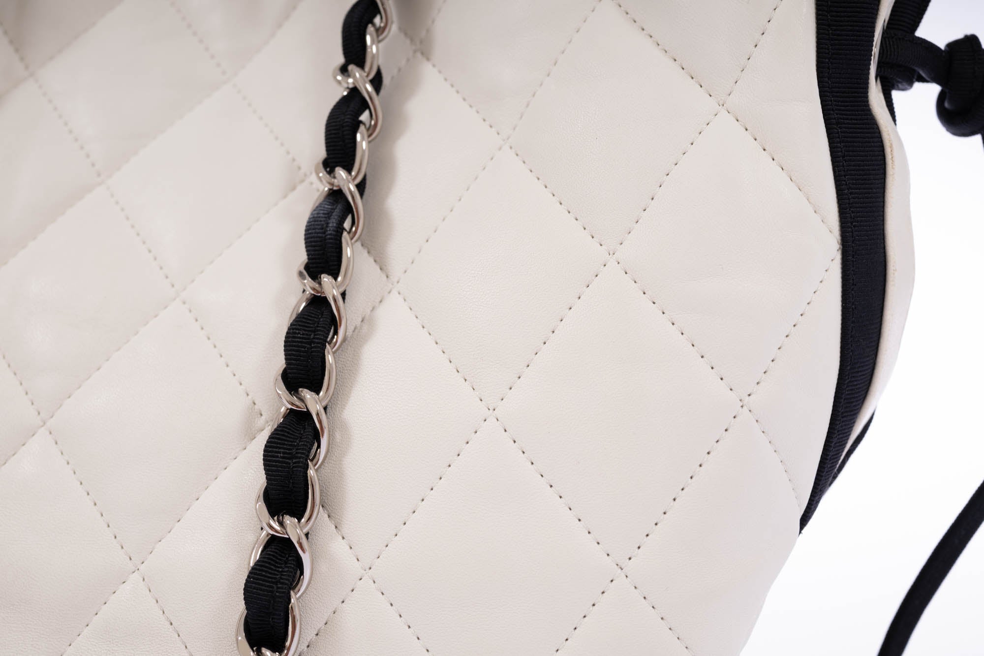 Chanel Quilted CC Tote White Leather Black Grosgrain Cruise 2010