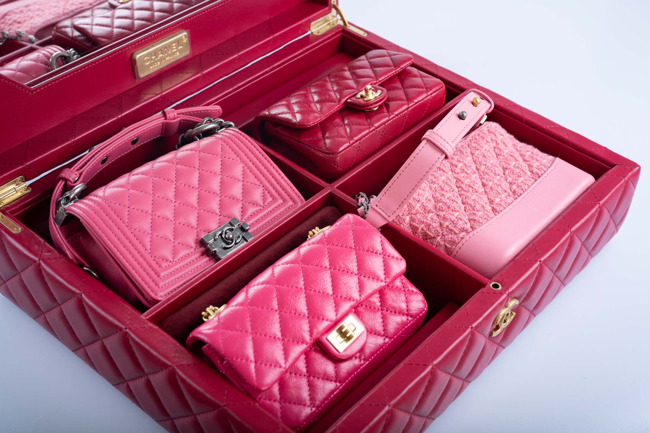 Chanel Success Story Set of 4 Pink and Red Micro Mini Bags with Red Quilted Trunk