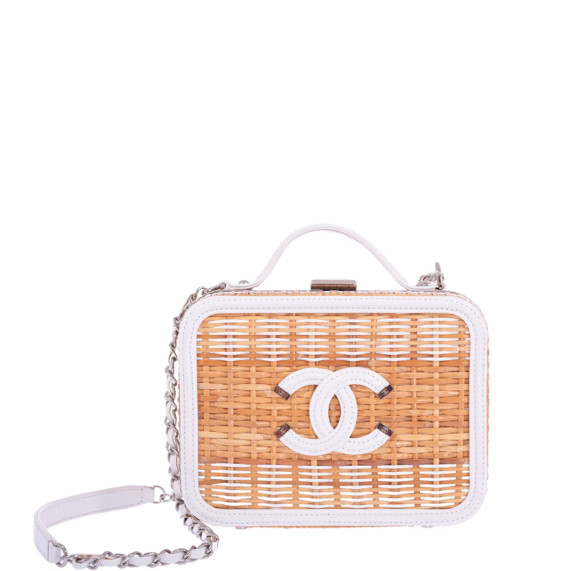 Chanel Vanity Case Beige White, Rattan, Patent Calfskin Silver-Ton