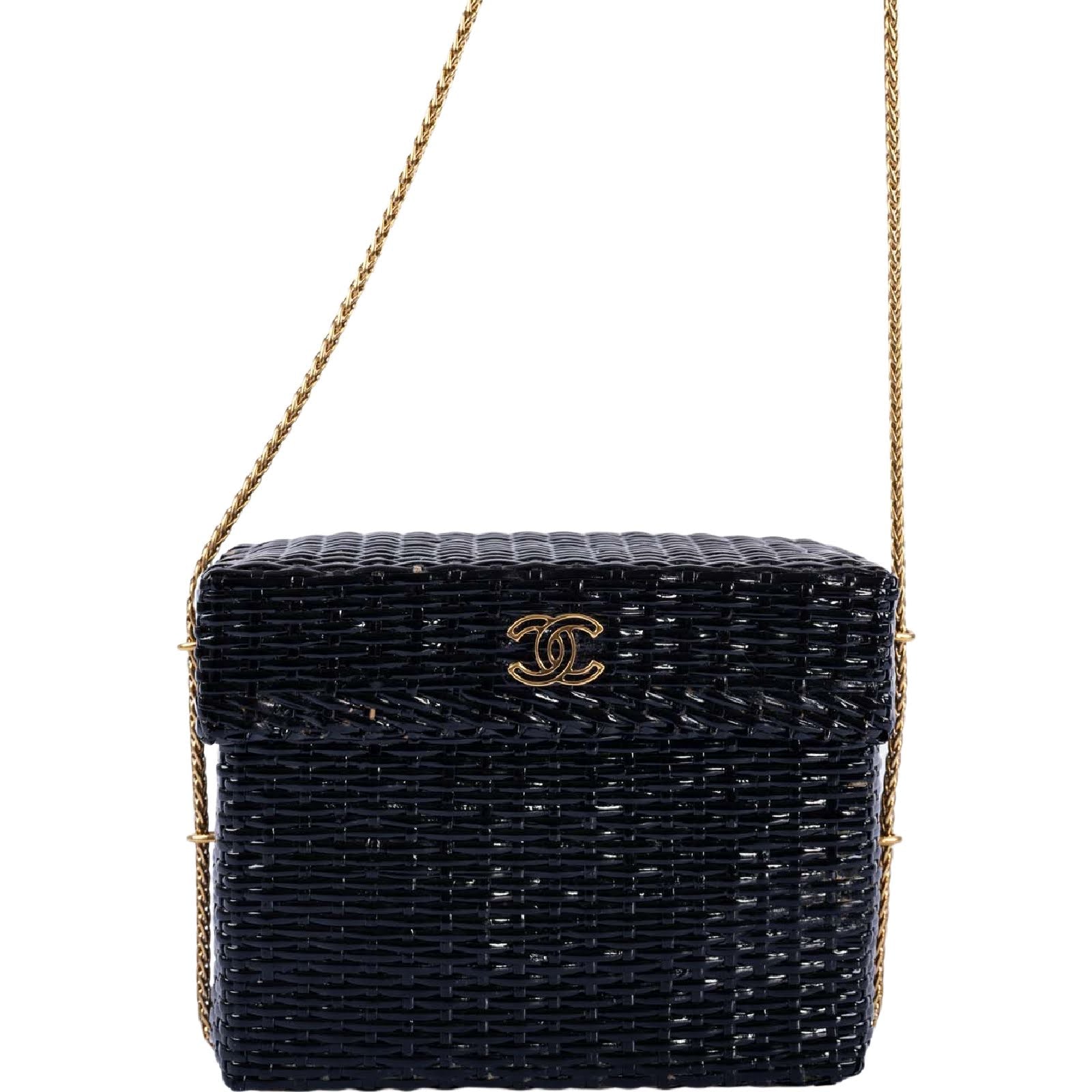 Chanel Vintage Black Wicker CC Picnic Lunch Basket Box Bag Gold Hardware