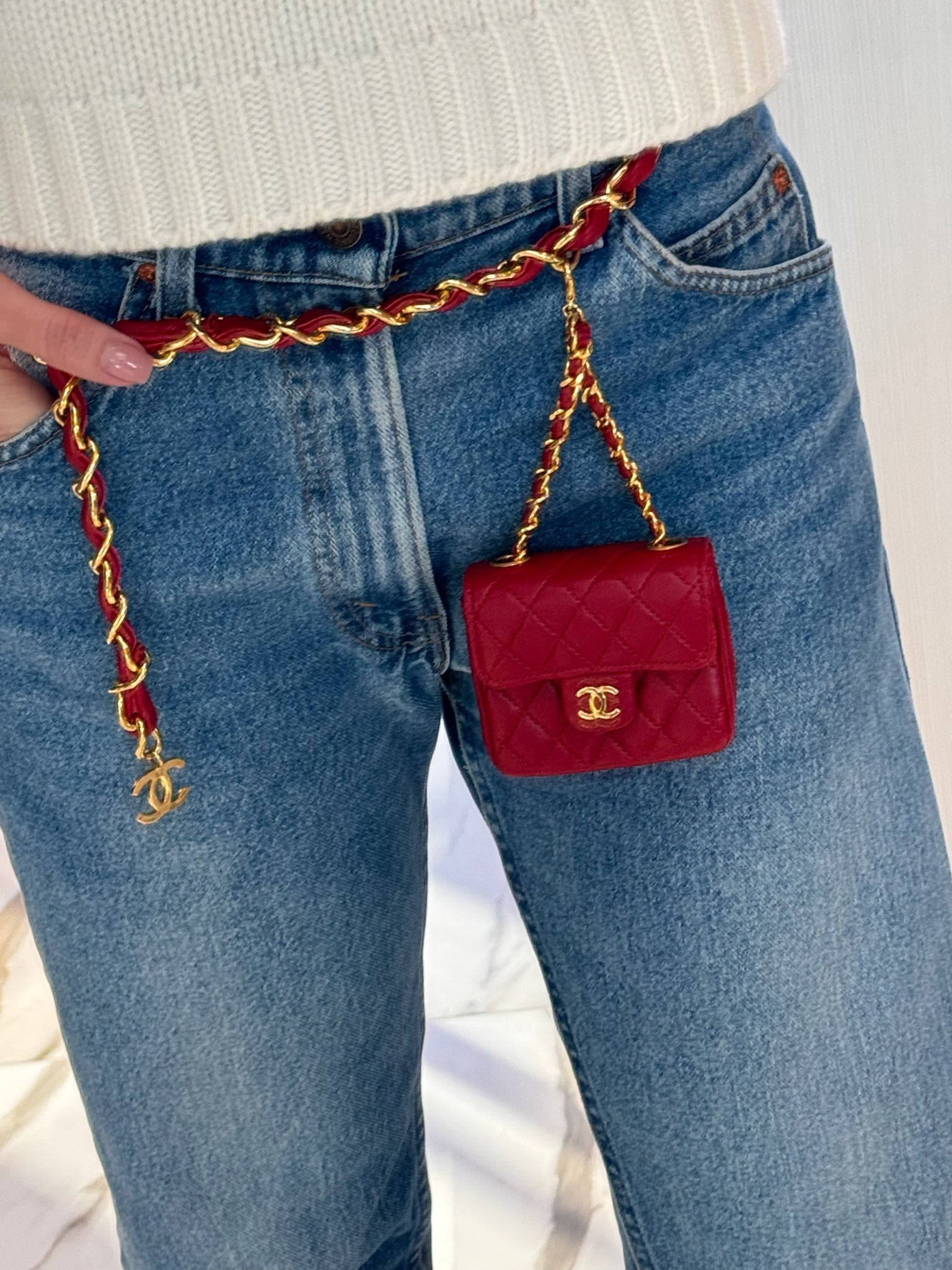 Chanel Vintage Micro Mini Classic Flap Belt Bag Red Quilted Lambskin Gold Hardware 1990s
