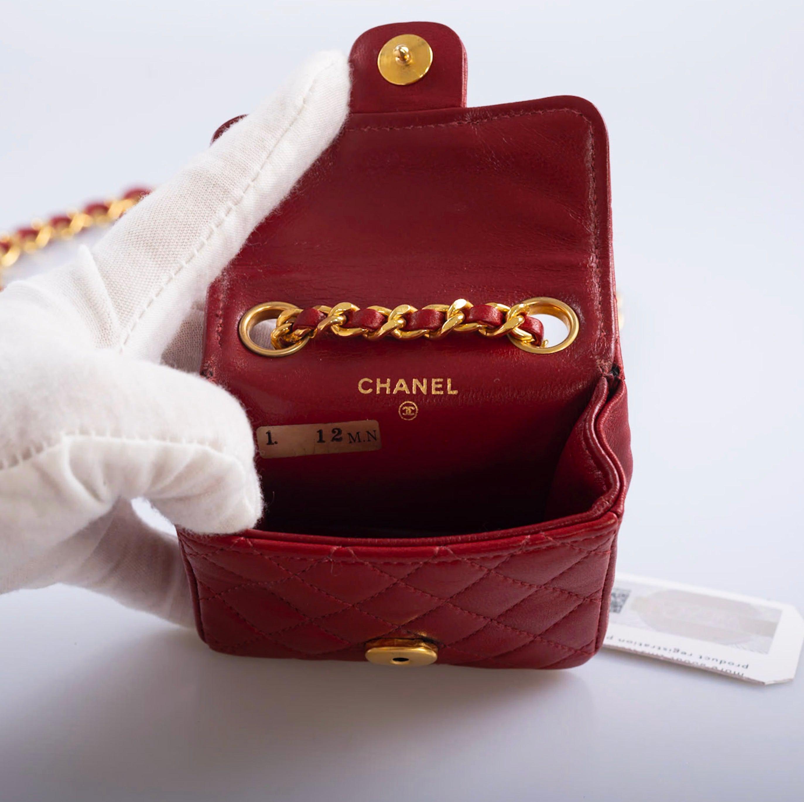 Chanel Vintage Micro Mini Classic Flap Belt Bag Red Quilted Lambskin Gold Hardware 1990s