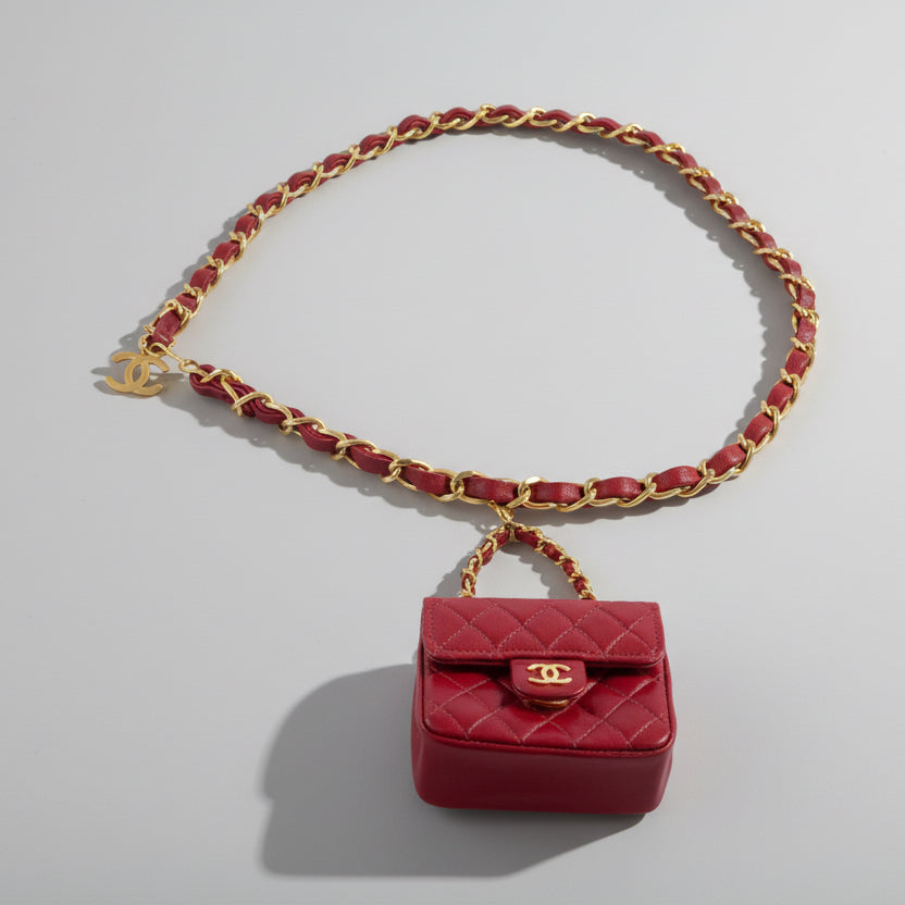 Chanel Vintage Micro Mini Classic Flap Belt Bag Red Quilted Lambskin Gold Hardware 1990s