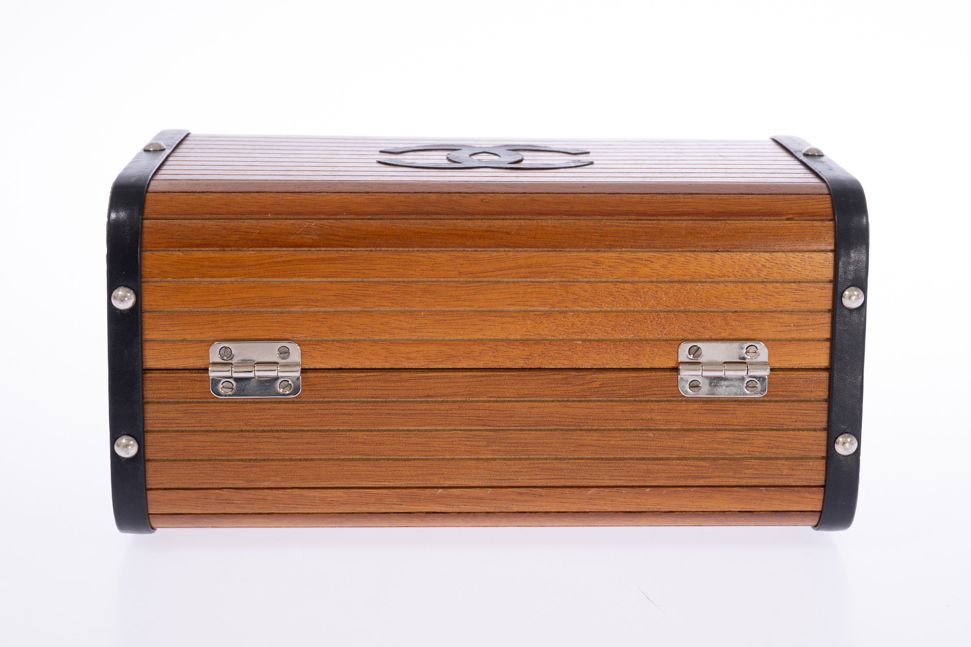 Chanel Wood Vanity Box Bag Brown Wood Black Leather Silver-Tone Hardware