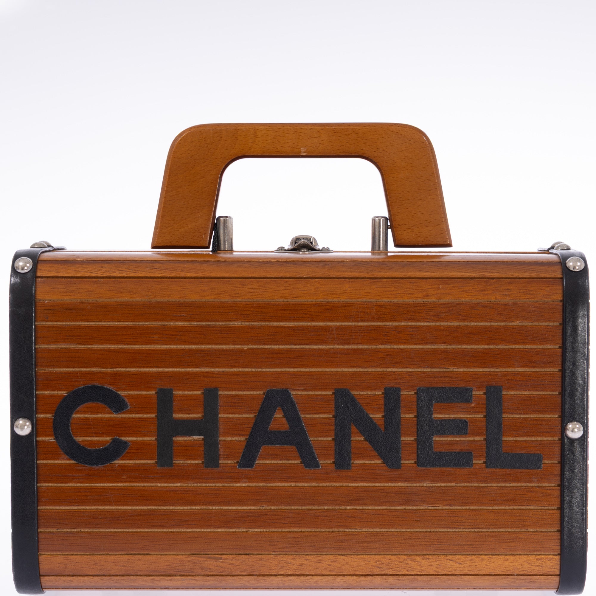 Chanel Wood Vanity Box Bag Brown Wood Black Leather Silver-Tone Hardware
