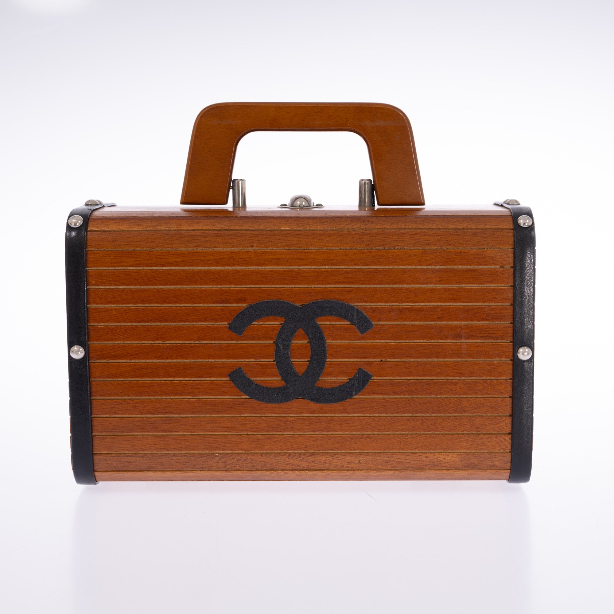 Chanel Wood Vanity Box Bag Brown Wood Black Leather Silver-Tone Hardware