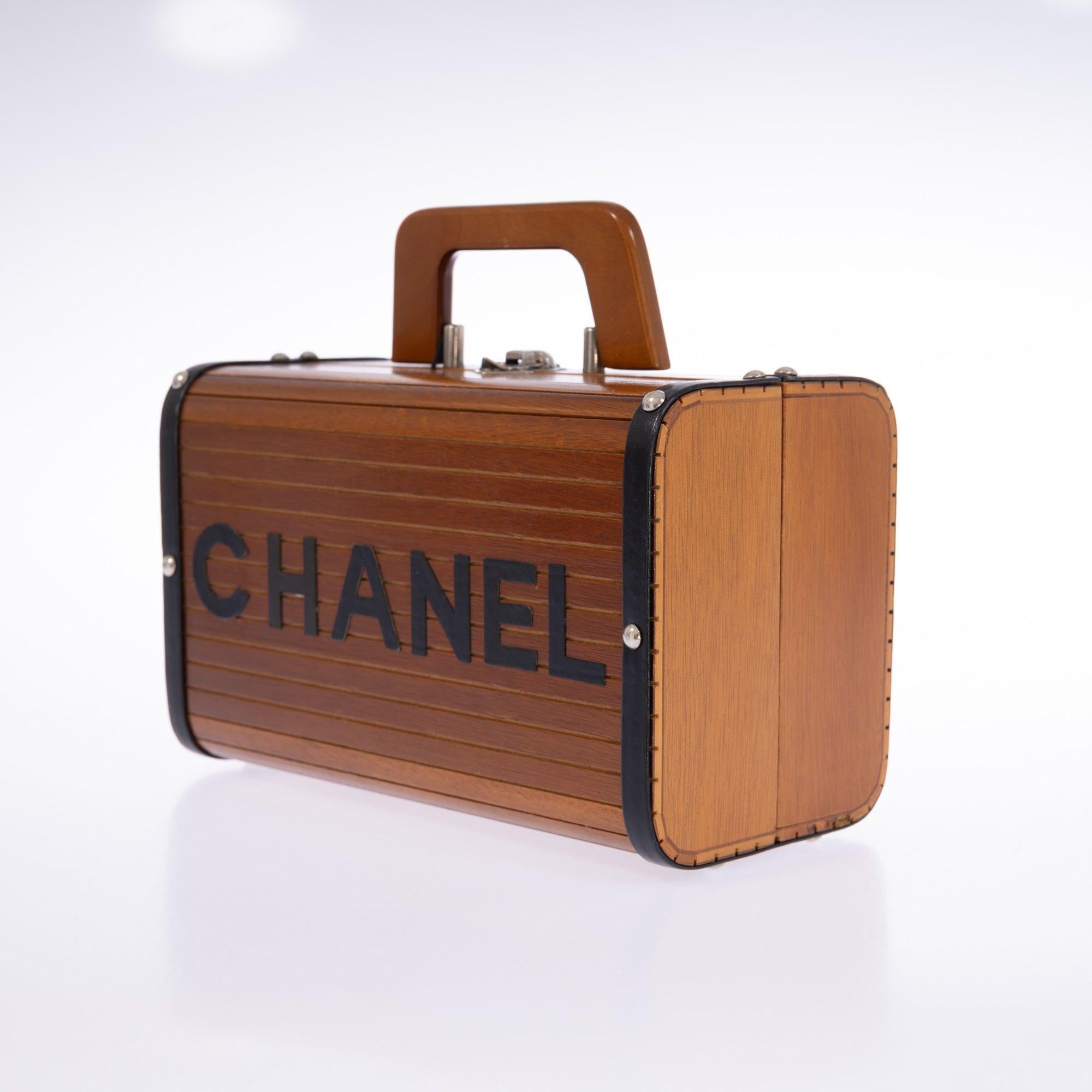 Chanel Wood Vanity Box Bag Brown Wood Black Leather Silver-Tone Hardware