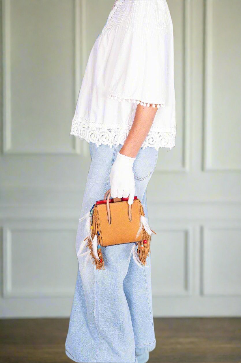 Christian Louboutin Calfskin Nubuck Feather Fringe Beaded Loubibird Nano Paloma in Brown