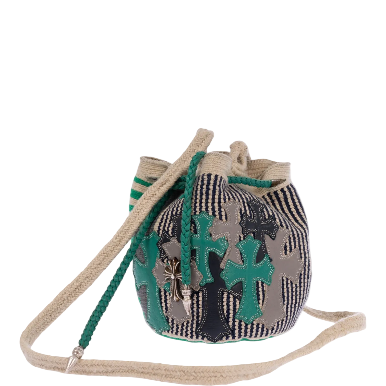 Chrome Hearts x Guanabana Woven Bucket Bag Green/Beige Cross Patches Sterling Silver
