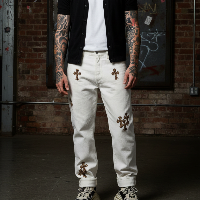 Chrome Hearts x Levi's 501 White Denim Cheetah Cross Patches Sterling Silver