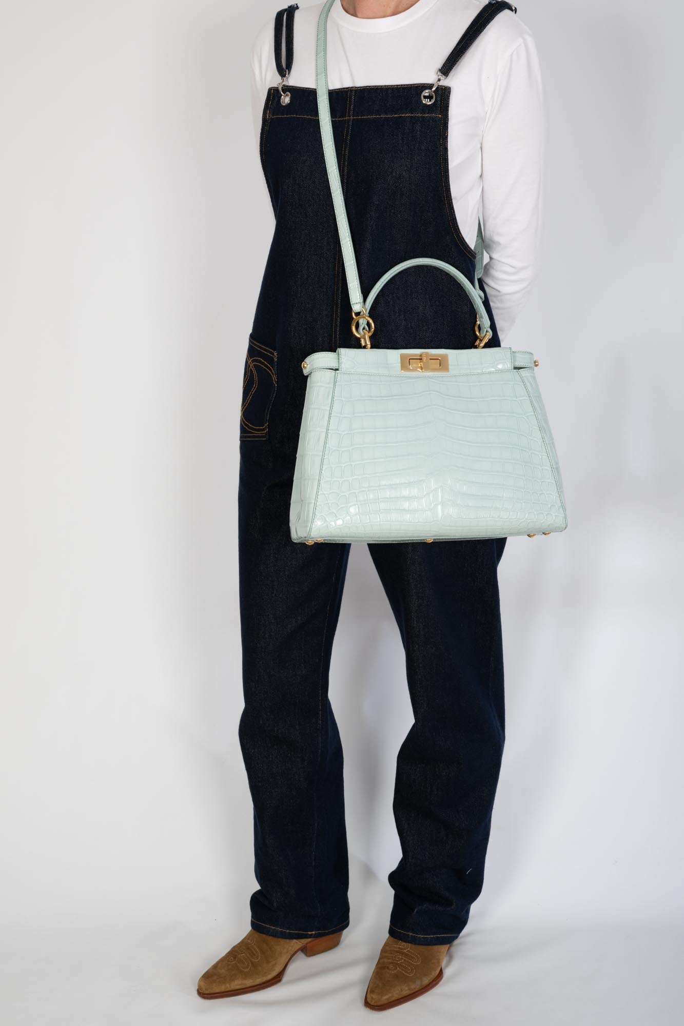Fendi Peekaboo Medium Pale Blue Crocodile Soft Gold Hardware