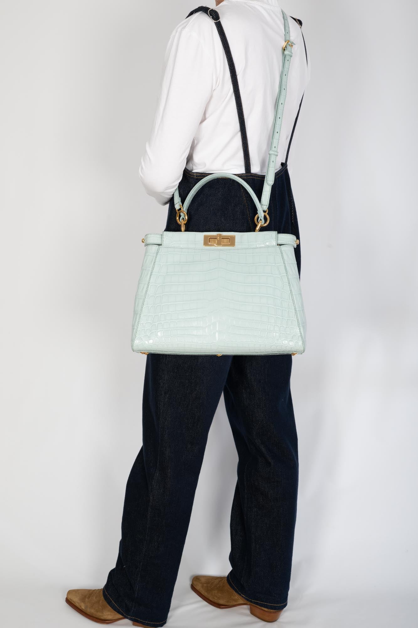 Fendi Peekaboo Medium Pale Blue Crocodile Soft Gold Hardware