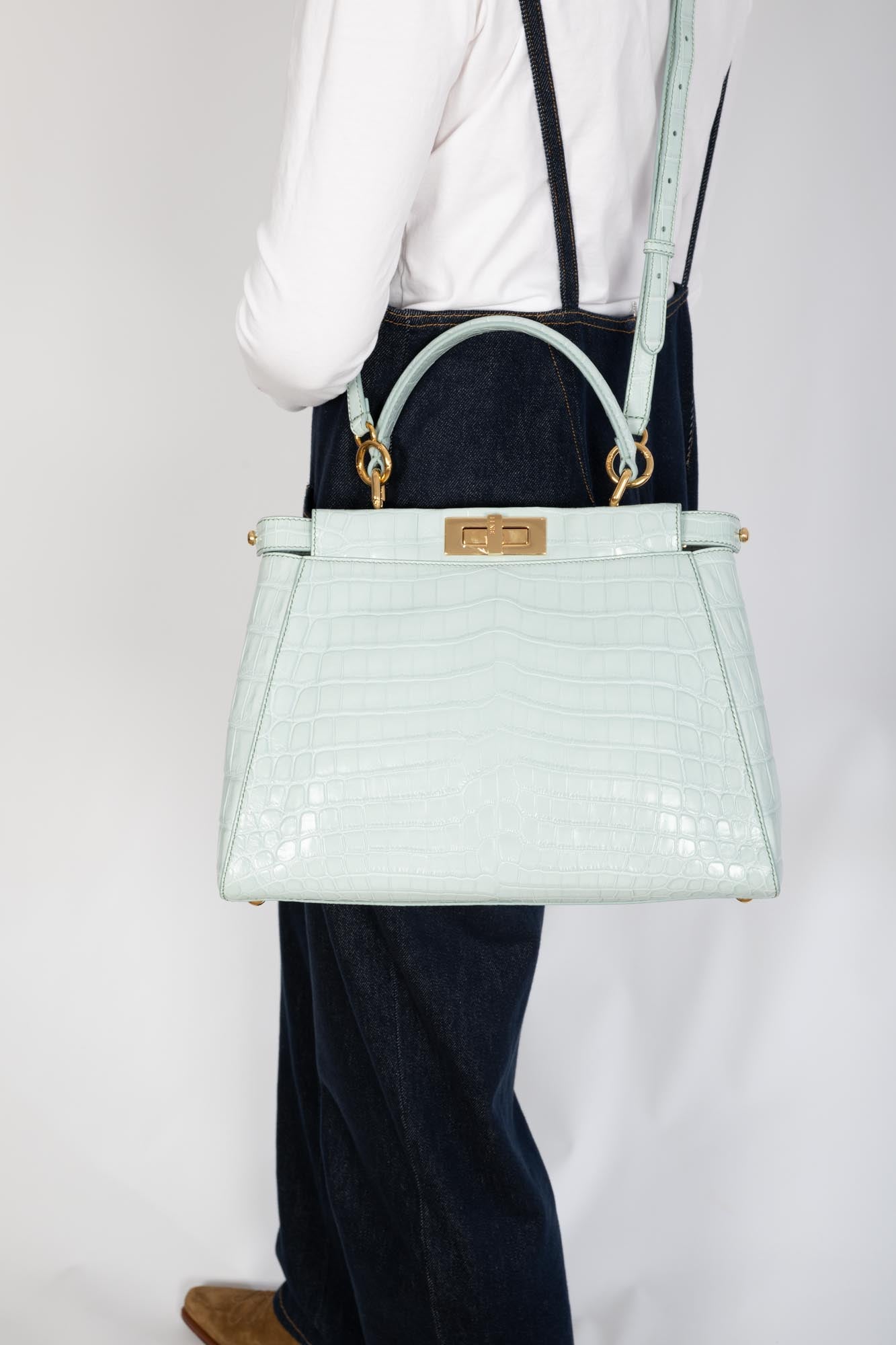 Fendi Peekaboo Medium Pale Blue Crocodile Soft Gold Hardware