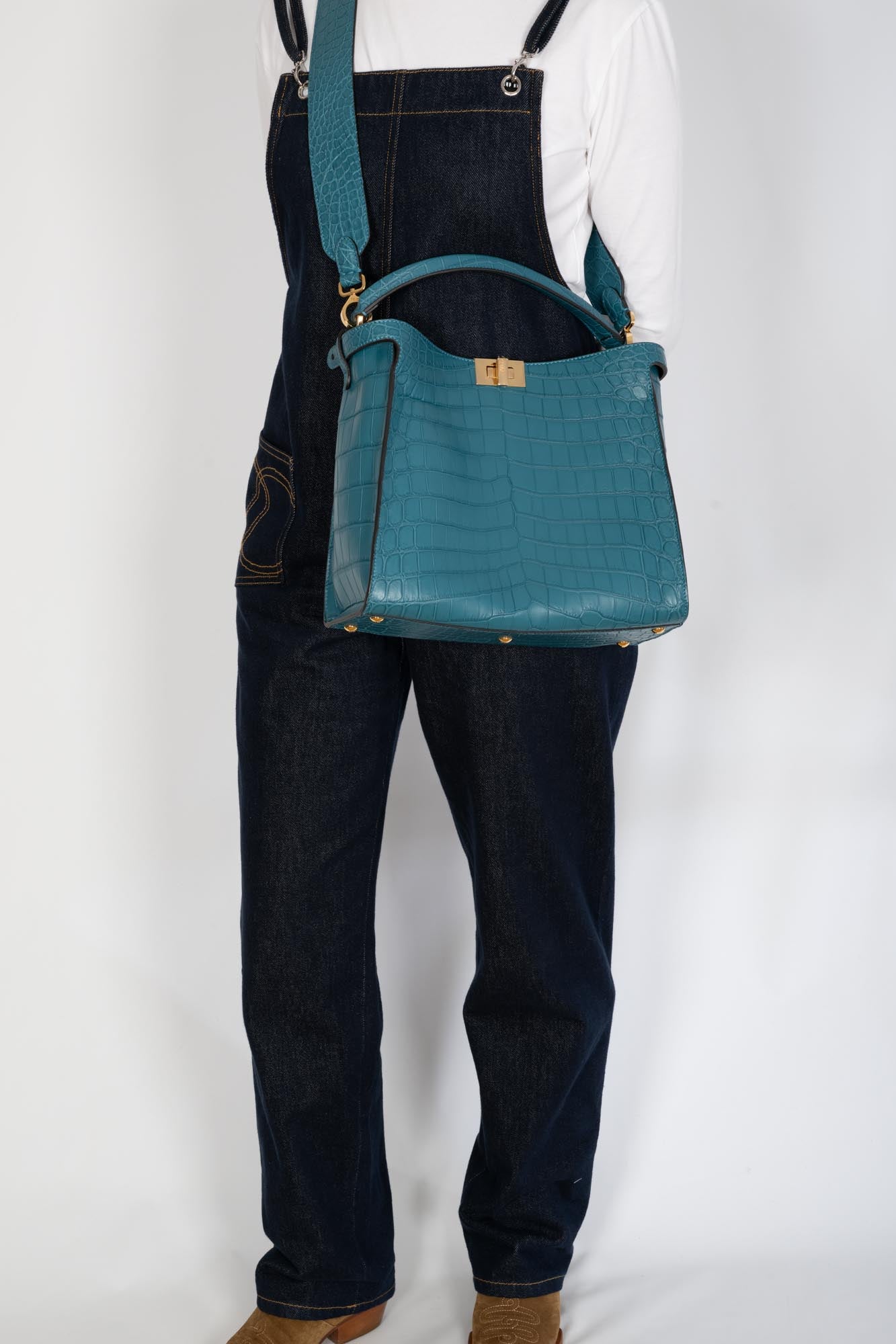Fendi Peekaboo X-Lite Medium Soft Matte Turquoise Crocodile Gold Hardware