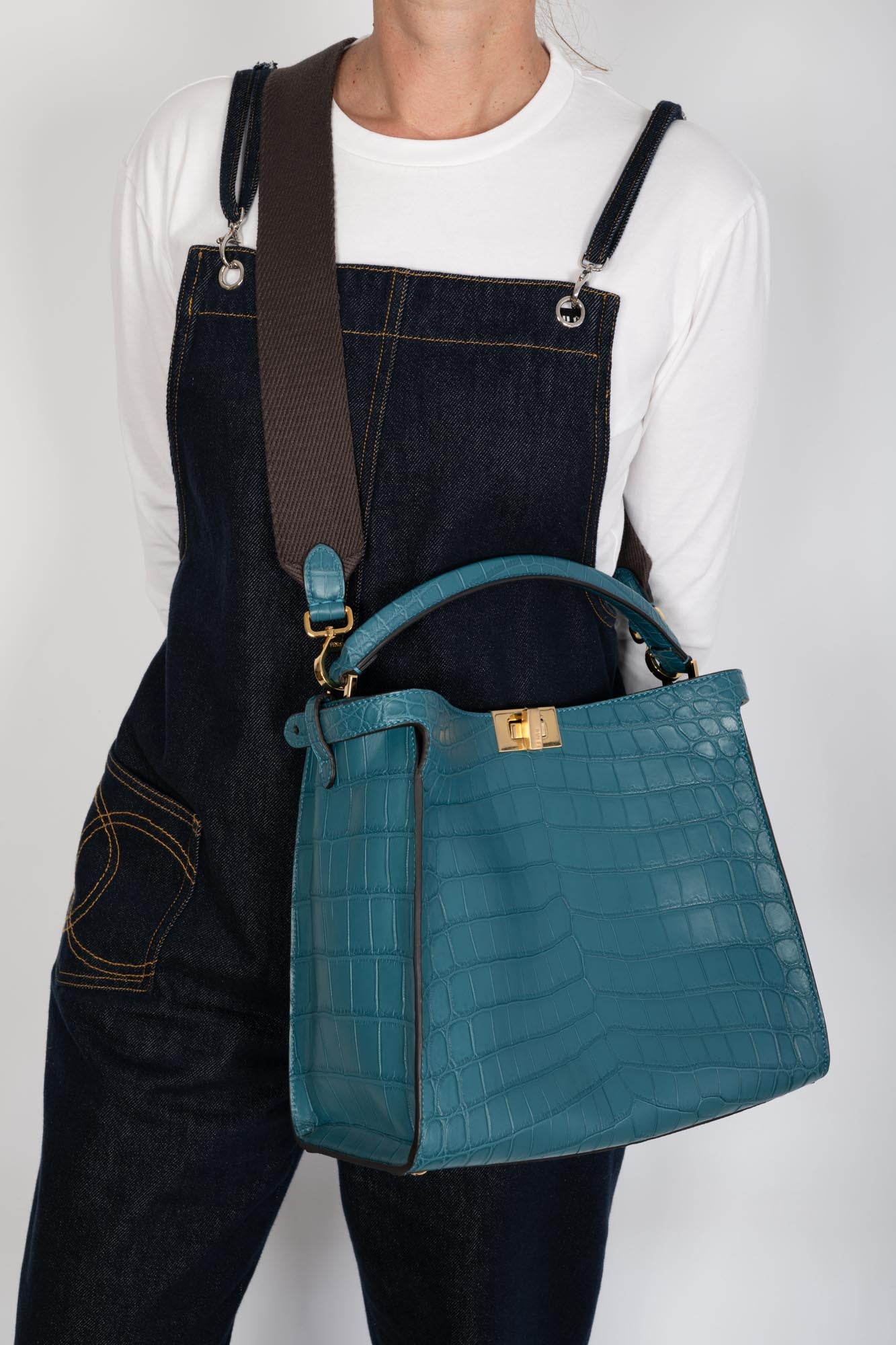 Fendi Peekaboo X-Lite Medium Soft Matte Turquoise Crocodile Gold Hardware