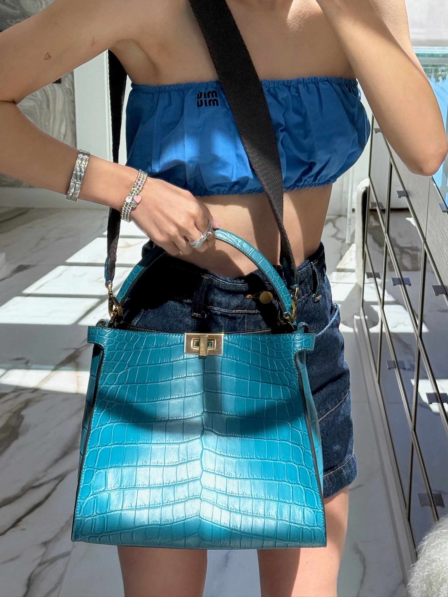 Fendi Peekaboo X-Lite Medium Soft Matte Turquoise Crocodile Gold Hardware
