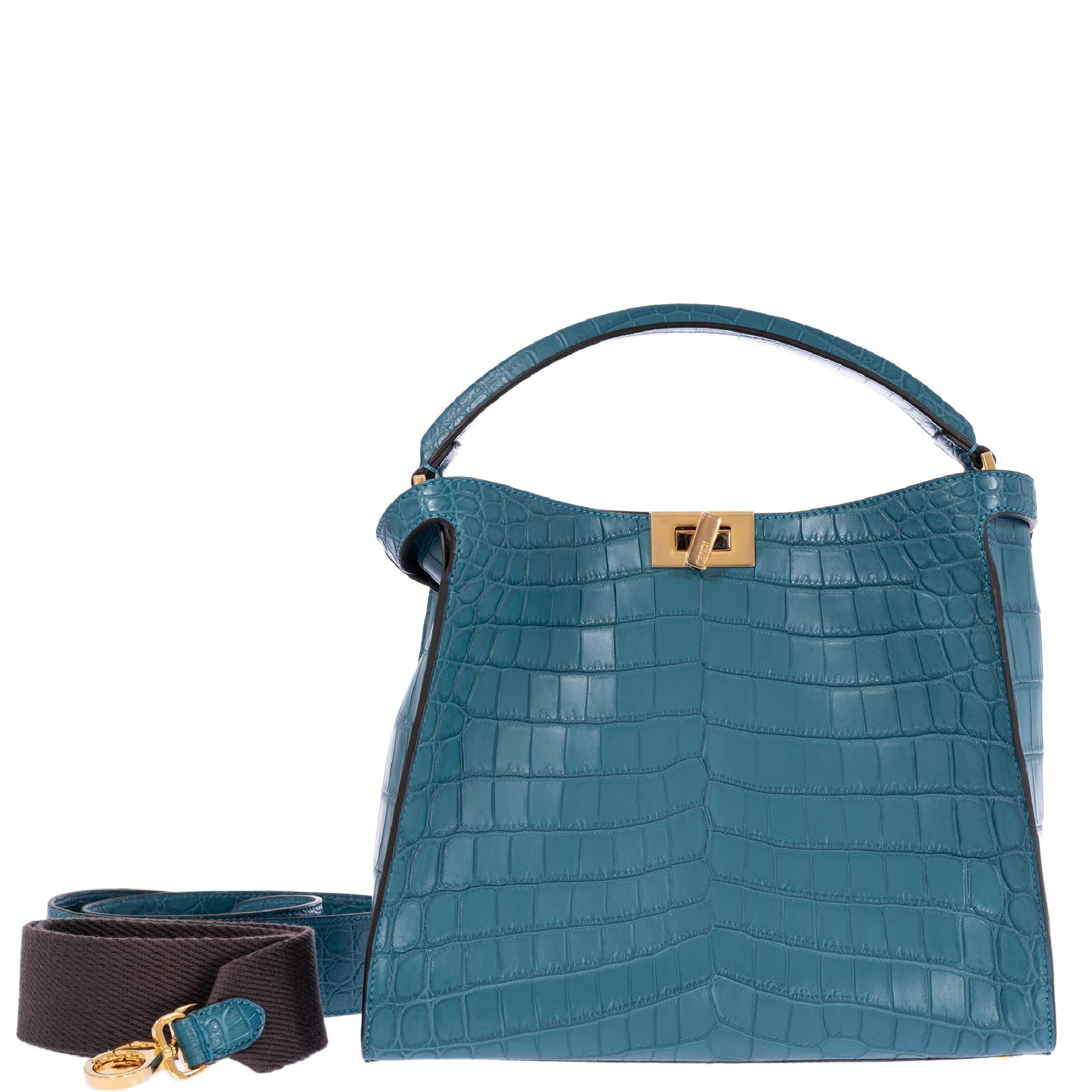 Fendi Peekaboo X-Lite Medium Soft Matte Turquoise Crocodile Gold Hardware