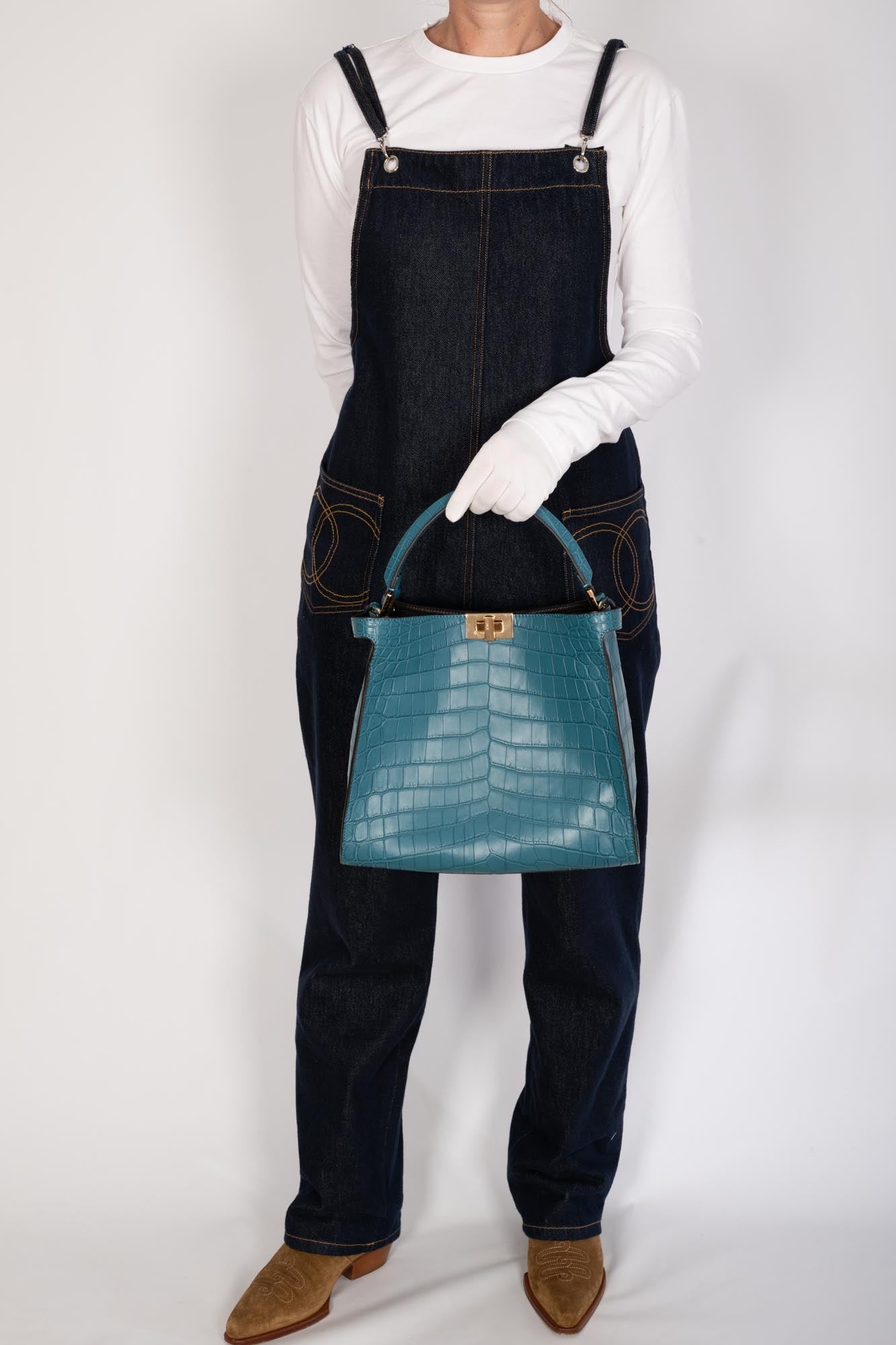 Fendi Peekaboo X-Lite Medium Soft Matte Turquoise Crocodile Gold Hardware
