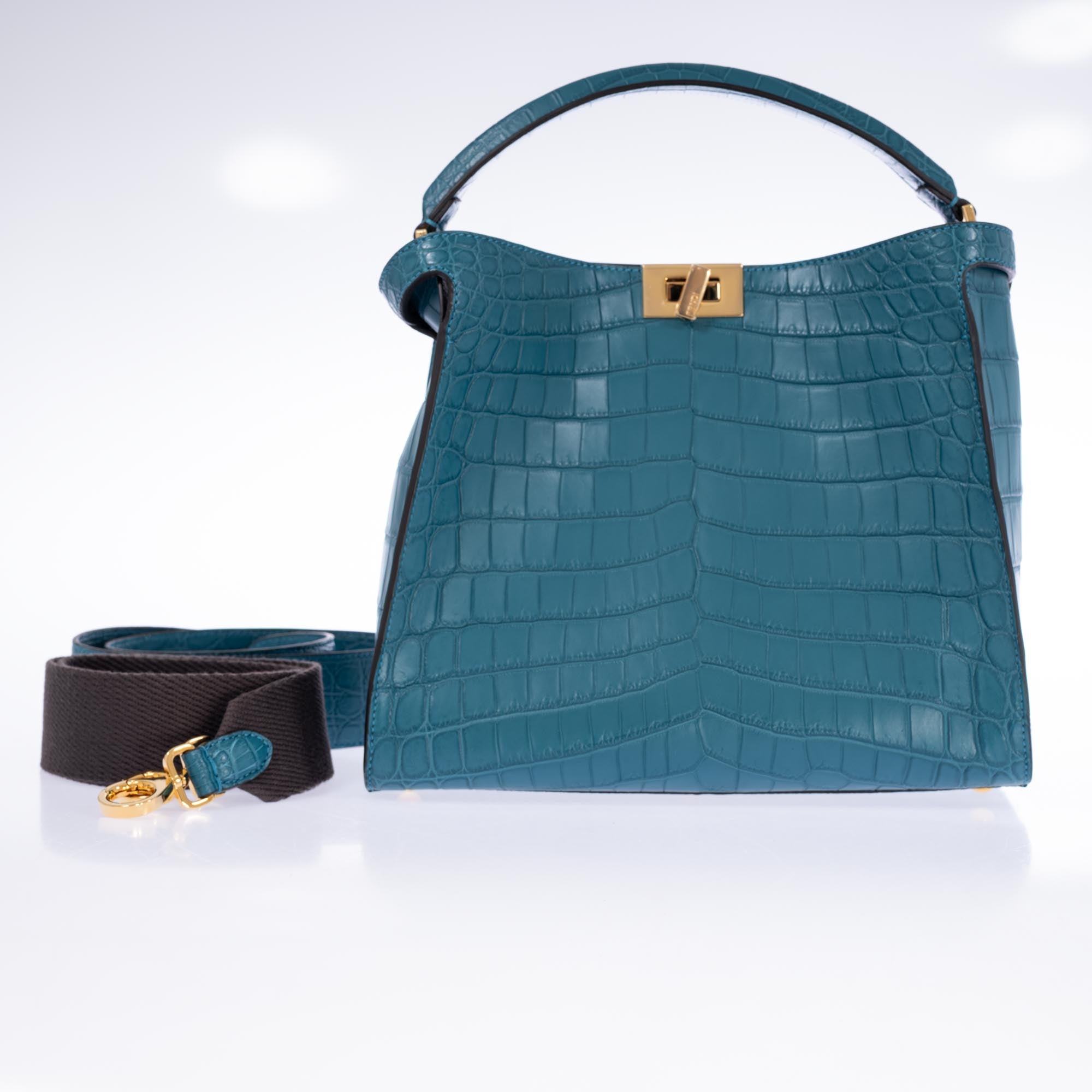 Fendi Peekaboo X-Lite Medium Soft Matte Turquoise Crocodile Gold Hardware