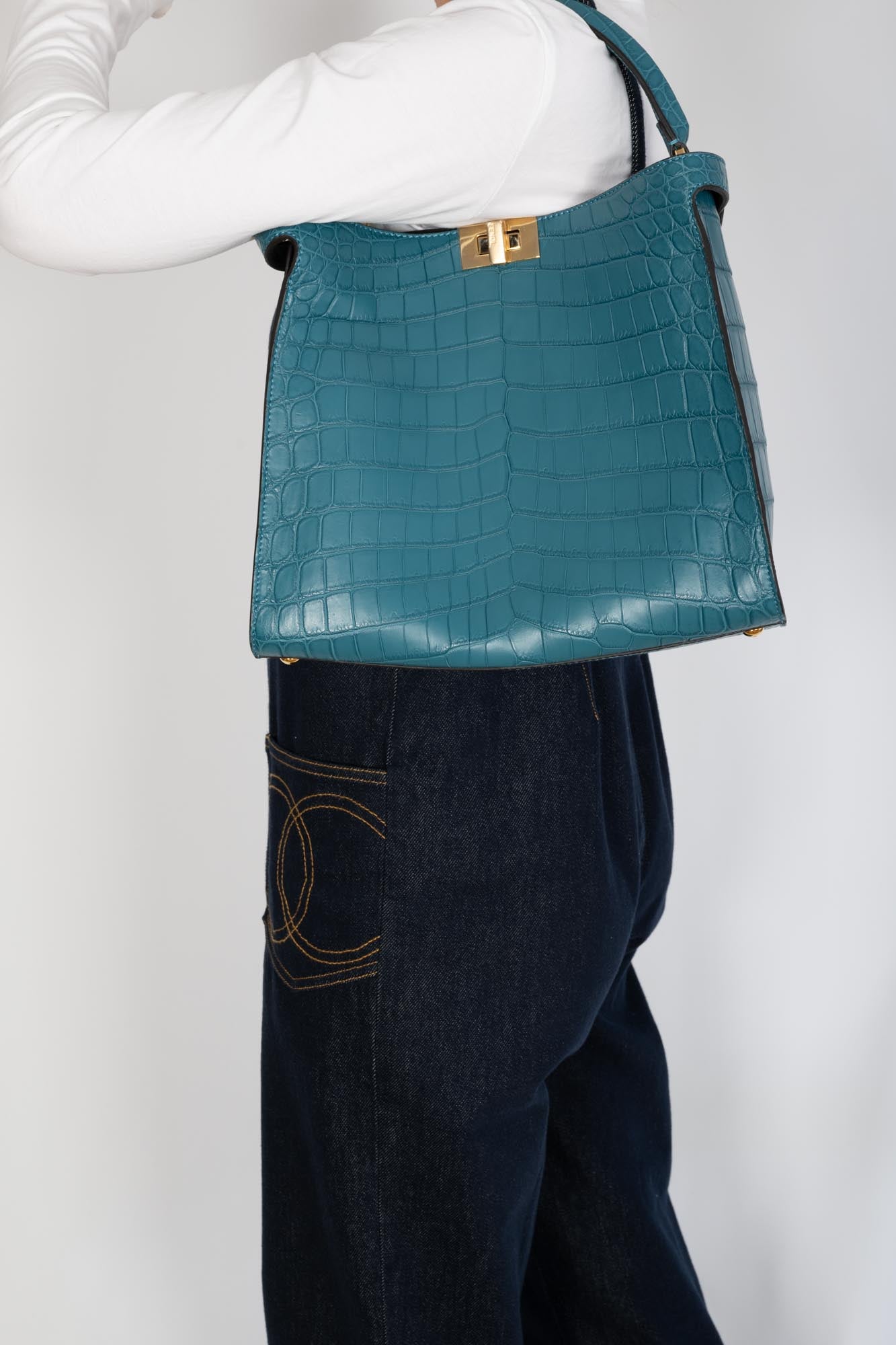 Fendi Peekaboo X-Lite Medium Soft Matte Turquoise Crocodile Gold Hardware