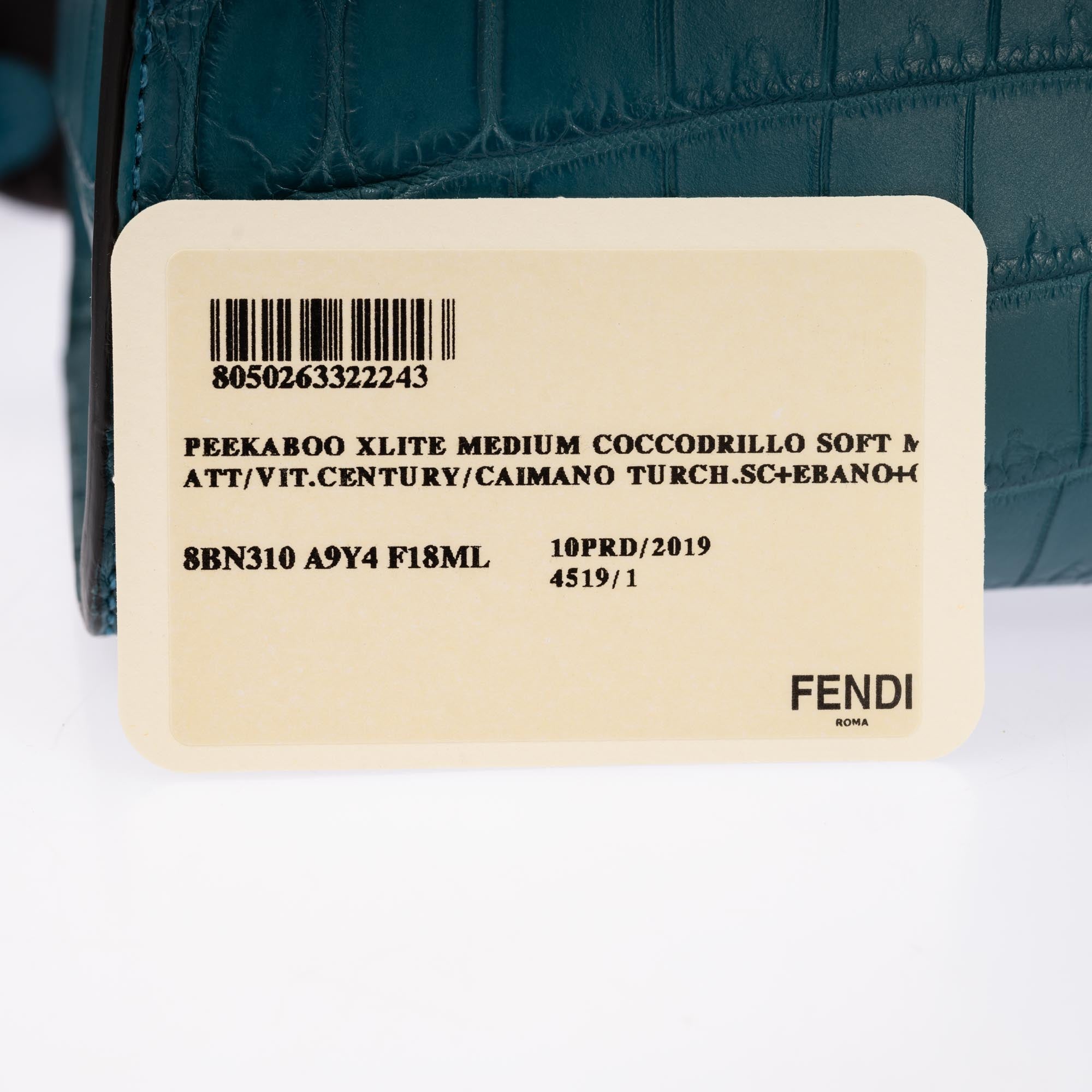 Fendi Peekaboo X-Lite Medium Soft Matte Turquoise Crocodile Gold Hardware