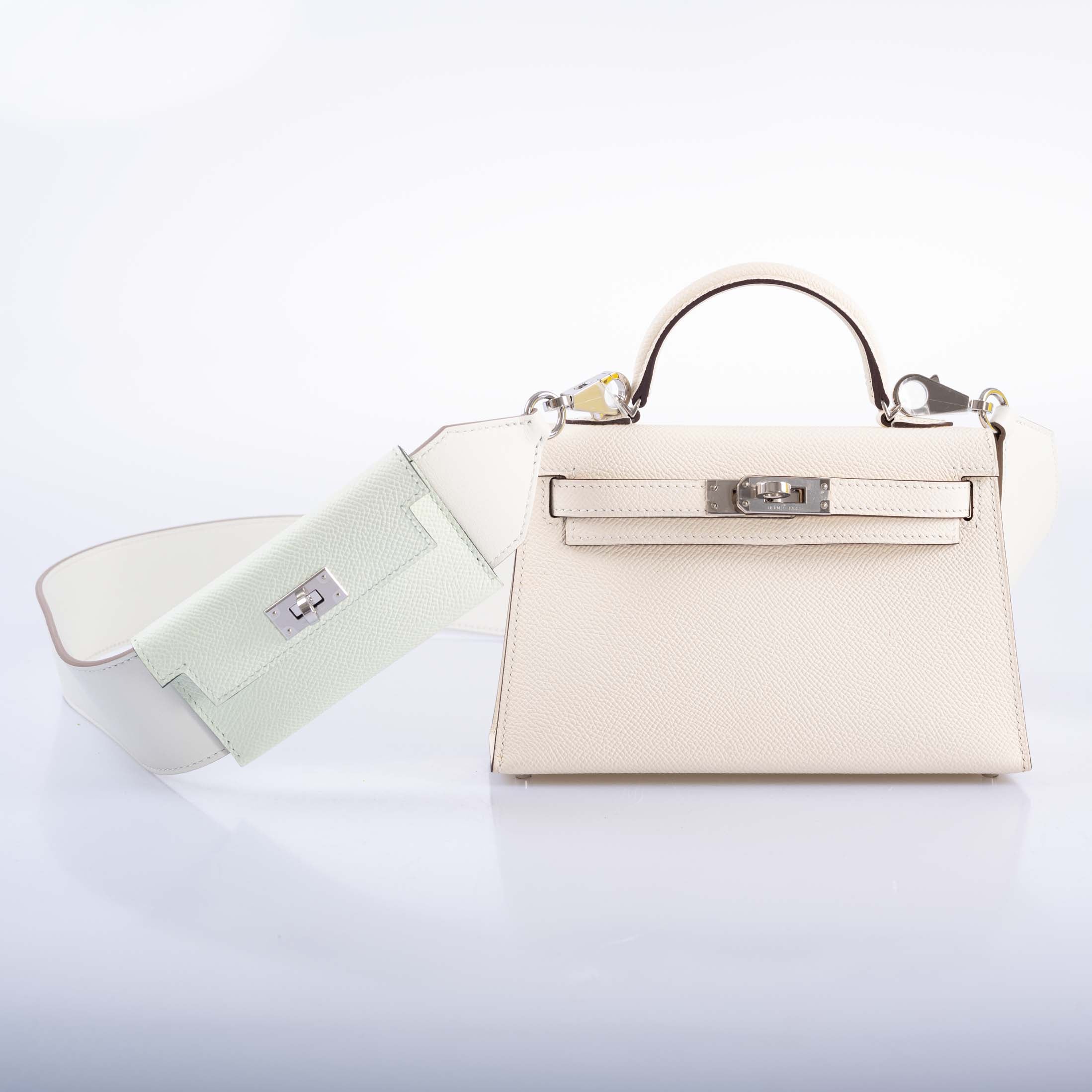 Hermès Bandouliere Kelly Pochette Shoulder Strap Vert Fizz Swift and Mushroom Epsom Palladium hardware