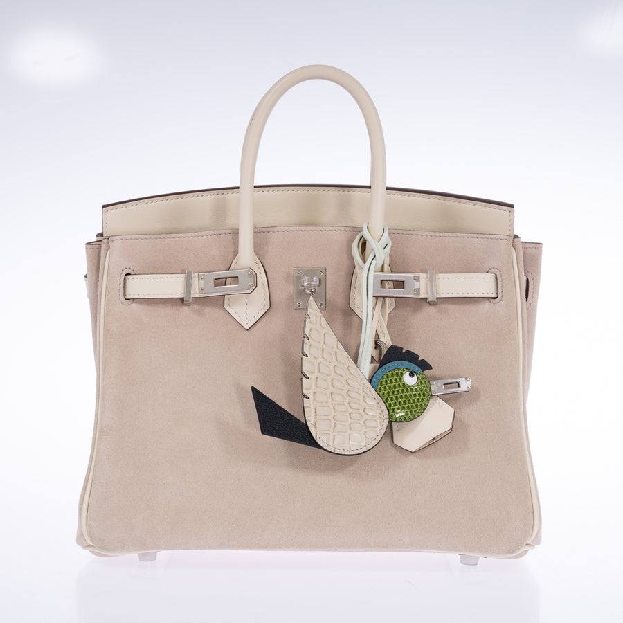 Hermès Birkin 25 Grizzly Glycine Doblis Suede Nata Swift Palladium Hardware, front view with the lock, clochette and an Hermès Birdy charm