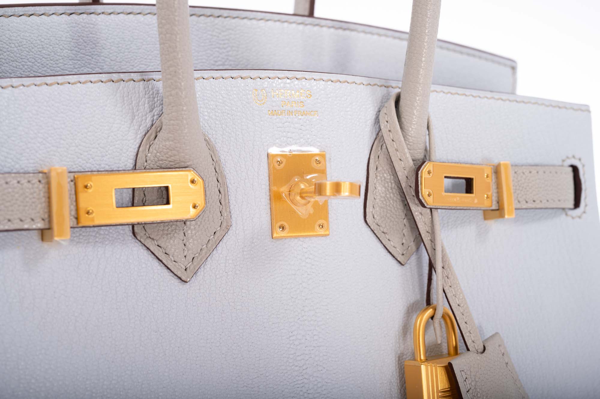 Hermès Birkin 25 HSS Blue Brume and Gris Pale Chèvre with Brushed Gold Hardware