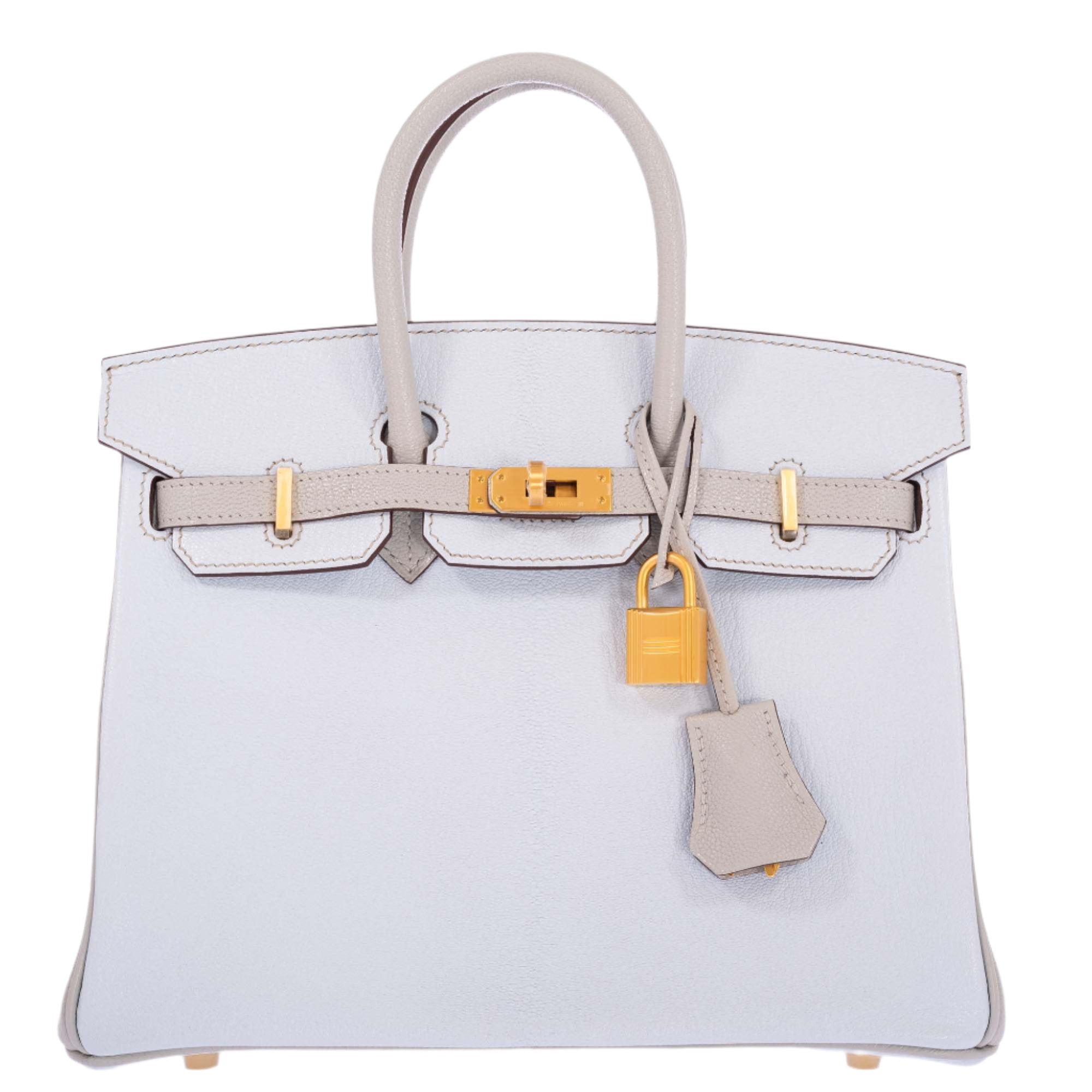 Hermès Birkin 25 HSS Blue Brume and Gris Pale Chèvre with Brushed Gold Hardware