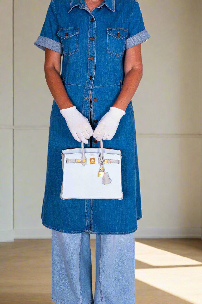 Hermès Birkin 25 HSS Blue Brume and Gris Pale Chèvre with Brushed Gold Hardware