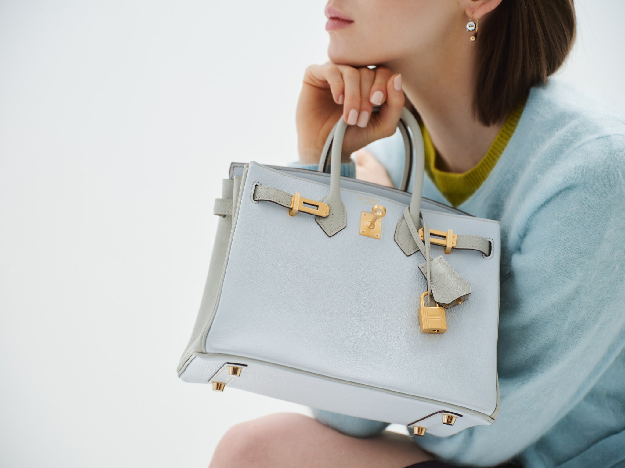 Hermès Birkin 25 HSS Blue Brume and Gris Pale Chèvre with Brushed Gold Hardware