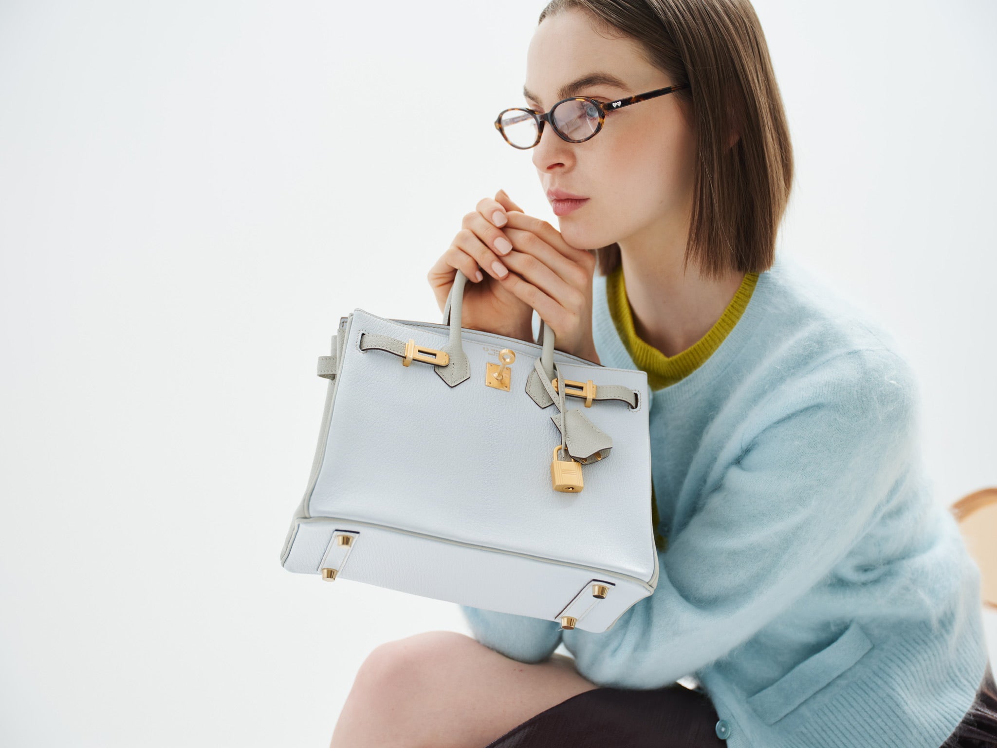 Hermès Birkin 25 HSS Blue Brume and Gris Pale Chèvre with Brushed Gold Hardware