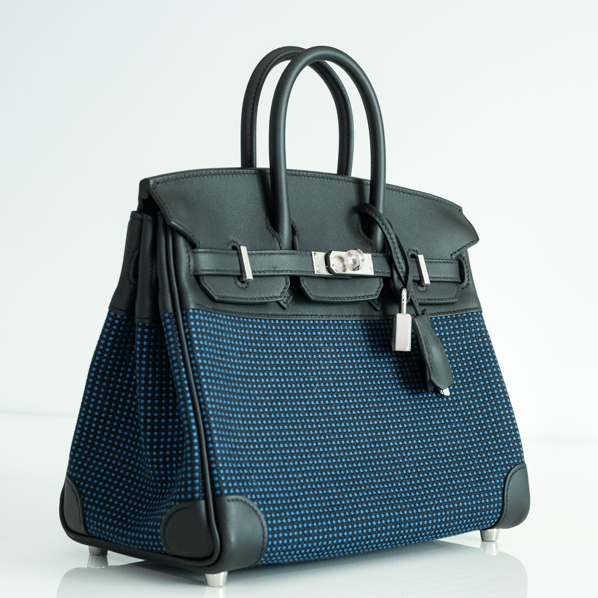 Hermès Birkin 25 Quadrille Bleu de Malte/Noir Toile Canvas Swift Palladium Hardware