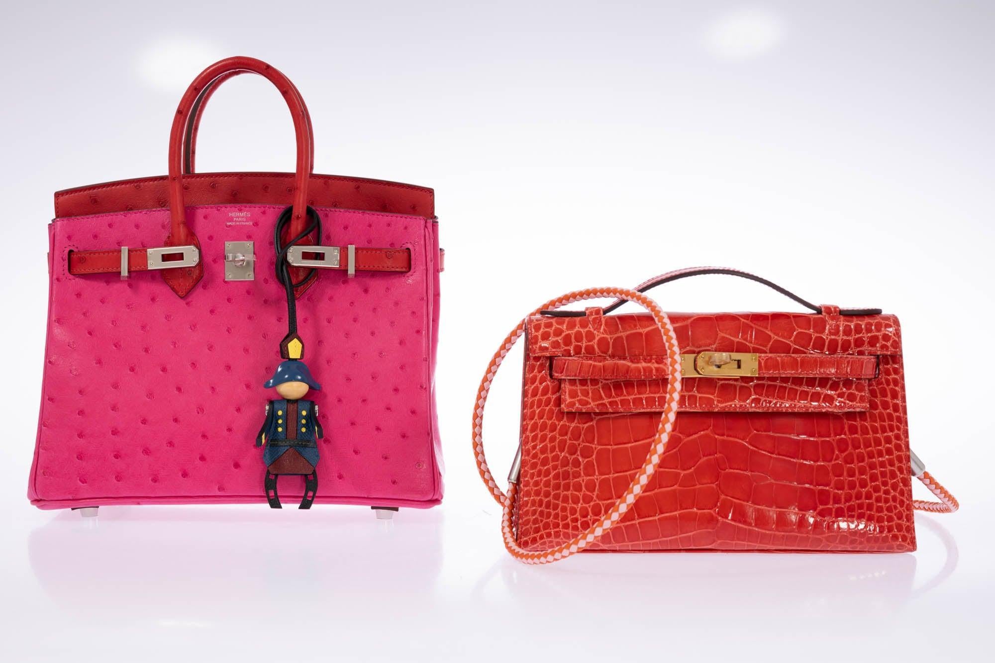 Hermès Birkin 25 Verso Rose Tyrien/Rouge Vif Ostrich Palladium Hardware