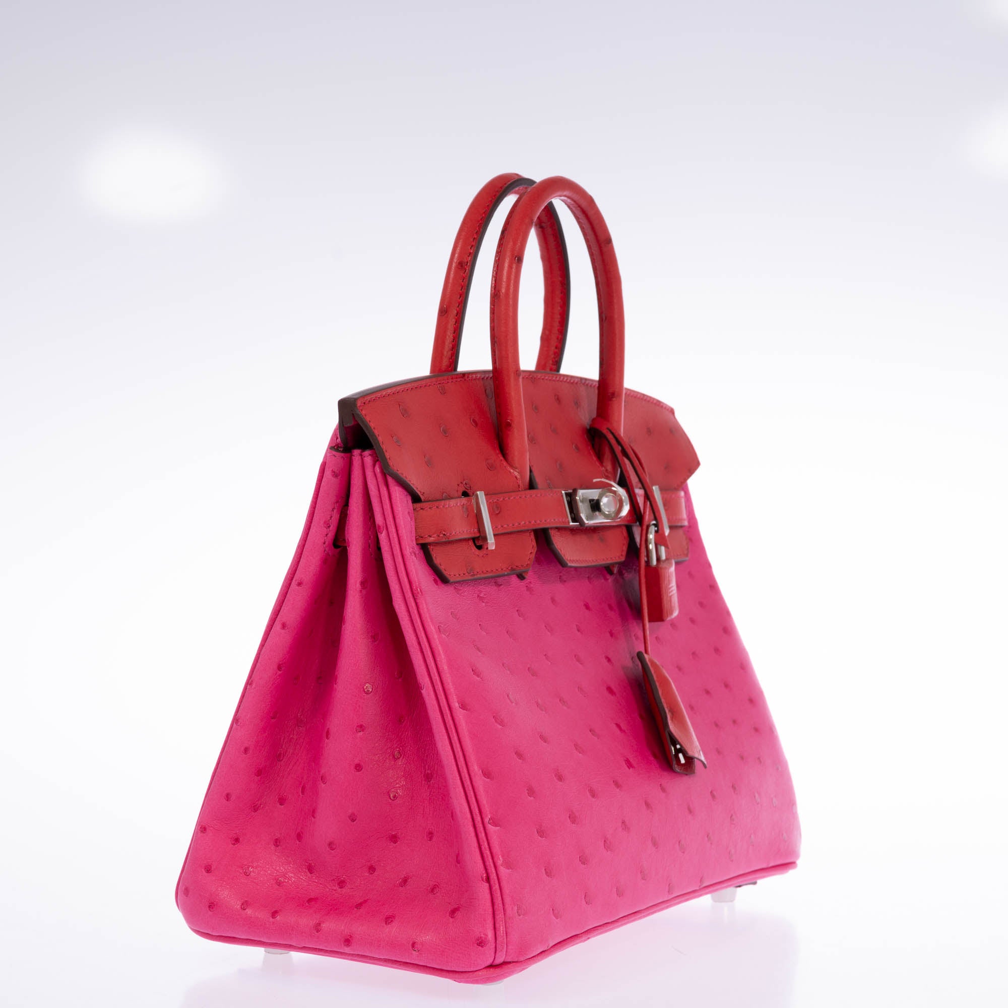 Hermès Birkin 25 Verso Rose Tyrien/Rouge Vif Ostrich Palladium Hardware