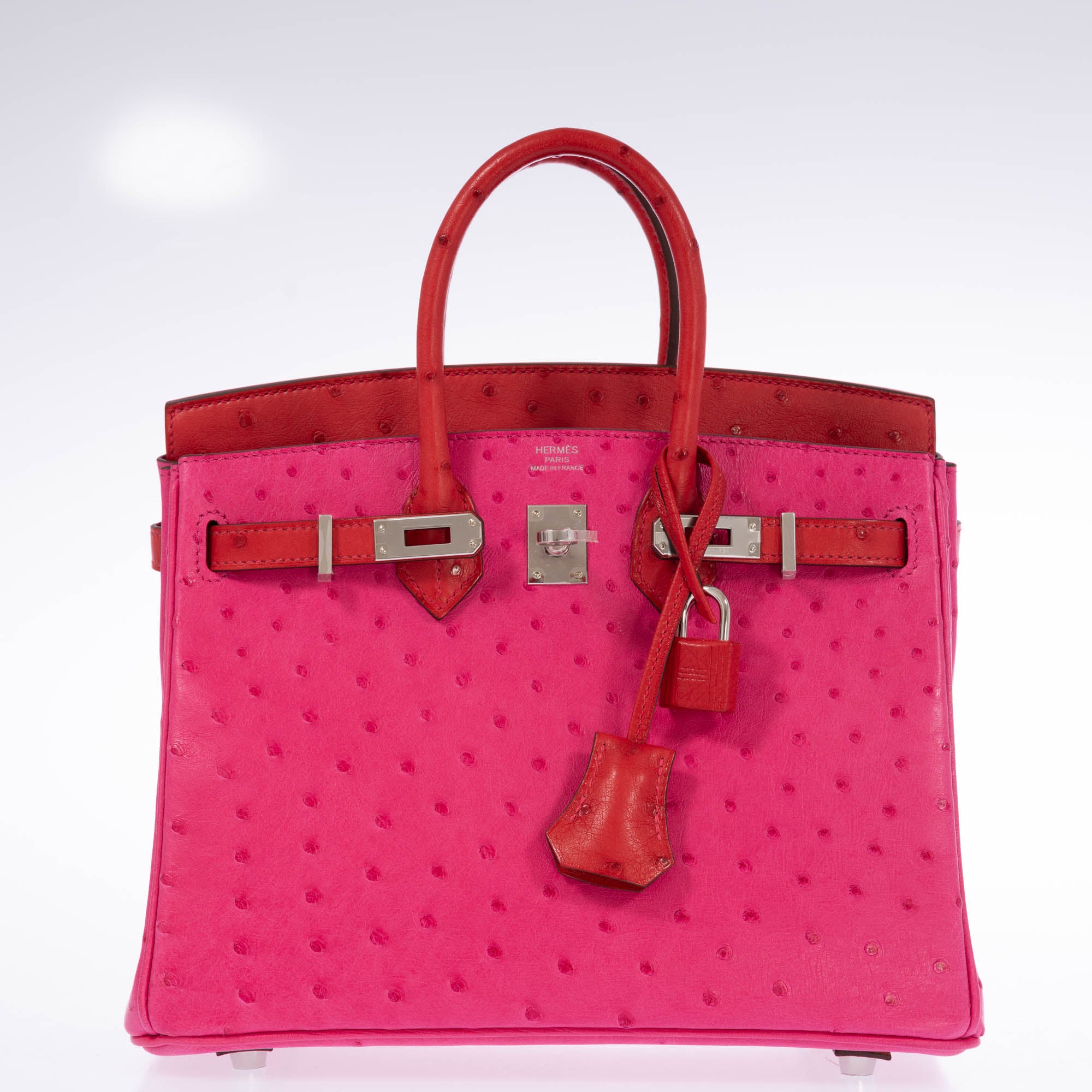 Hermès Birkin 25 Verso Rose Tyrien/Rouge Vif Ostrich Palladium Hardware