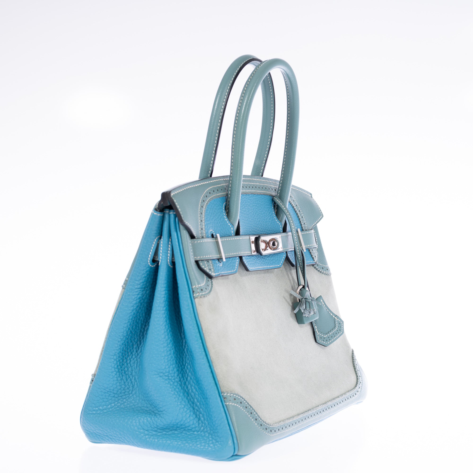 Hermès Birkin 30 Ghillies Ciel Evergrain/Veau Doblis Palladium Hardware