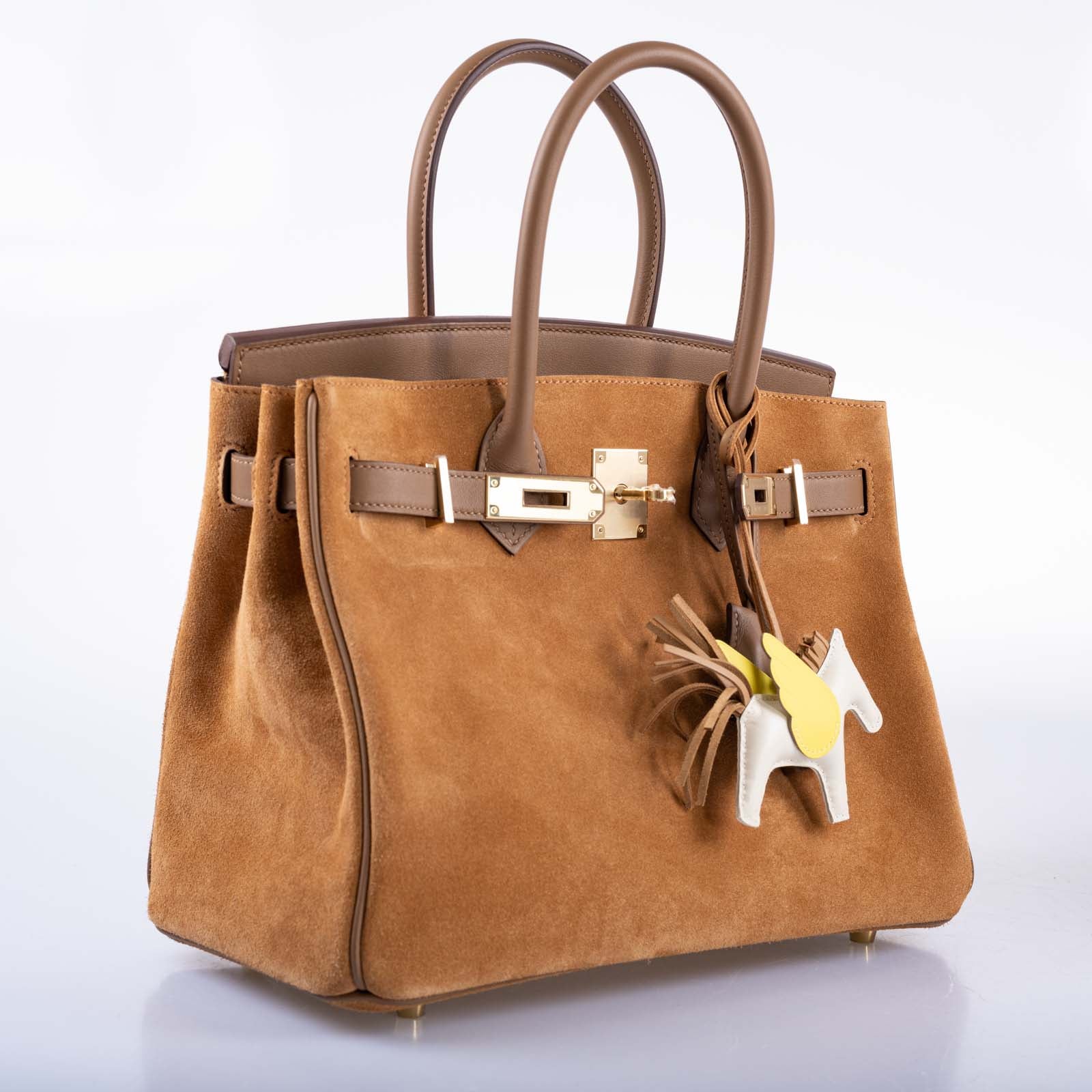 Hermès Birkin 30 Grizzly Chamois Veau Doblis Suede and Alezan Swift with Gold Hardware