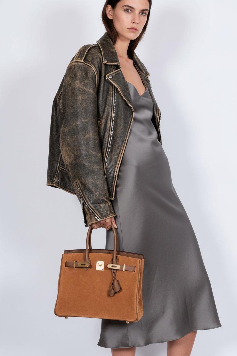 Hermès Birkin 30 Grizzly Chamois Veau Doblis Suede and Alezan Swift with Gold Hardware
