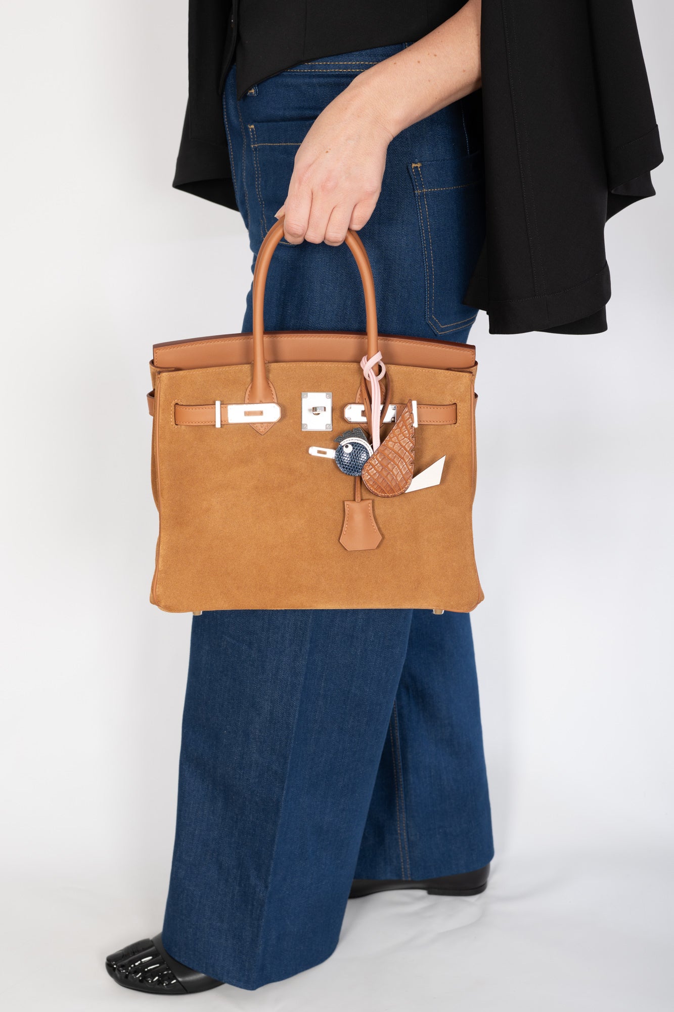 Hermès Birkin 30 Grizzly Chamois Veau Doblis Suede and Alezan Swift with Gold Hardware