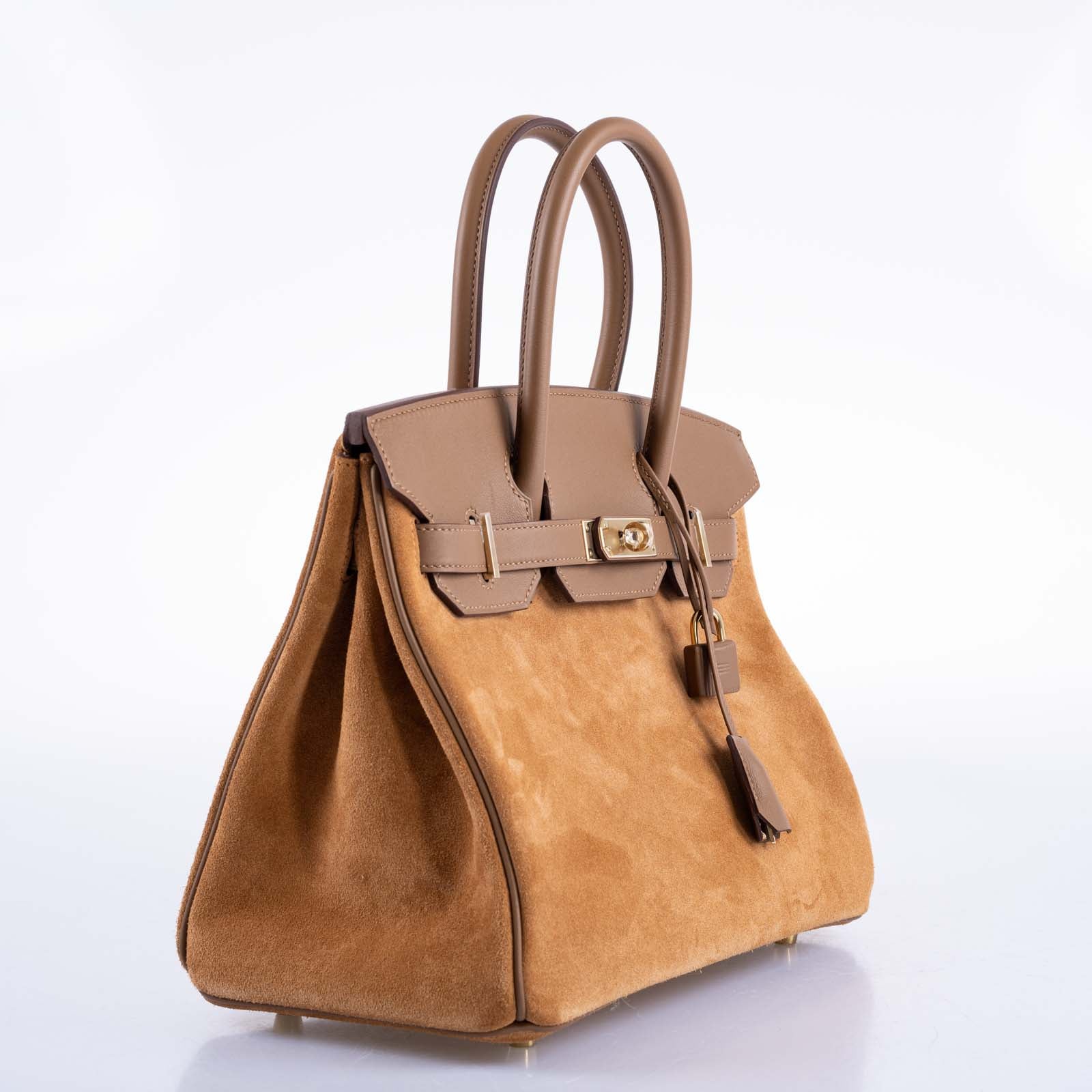 Hermès Birkin 30 Grizzly Chamois Veau Doblis Suede and Alezan Swift with Gold Hardware