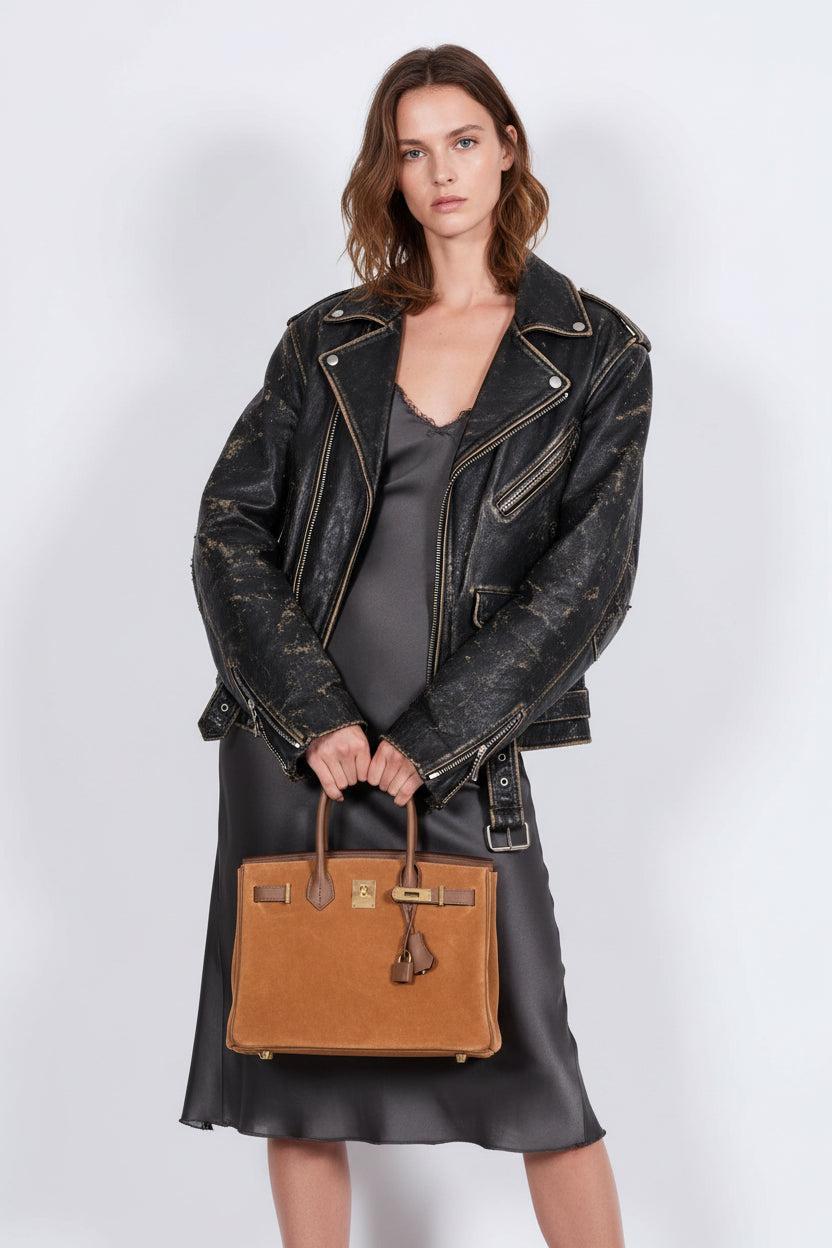 Hermès Birkin 30 Grizzly Chamois Veau Doblis Suede and Alezan Swift with Gold Hardware