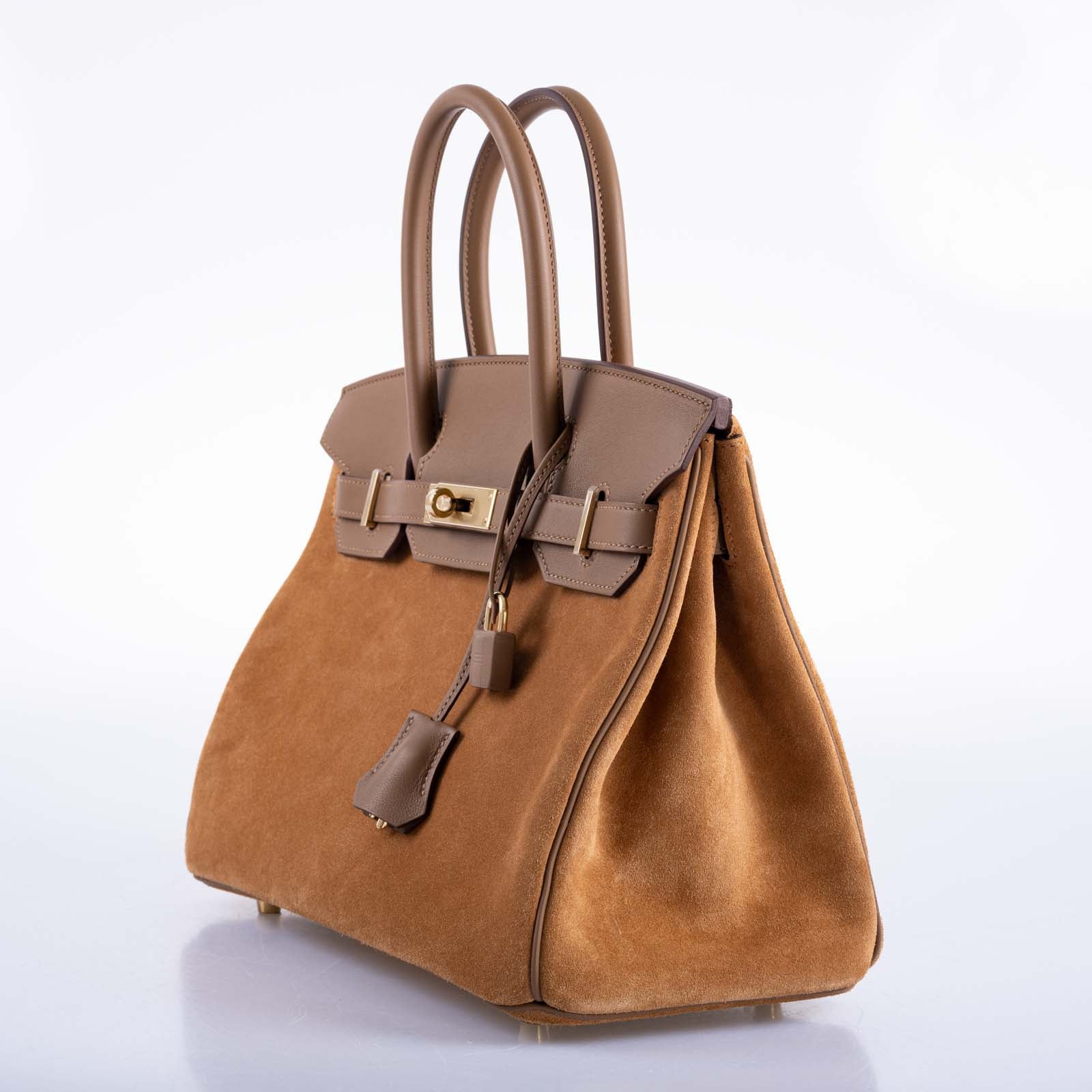 Hermès Birkin 30 Grizzly Chamois Veau Doblis Suede and Alezan Swift with Gold Hardware