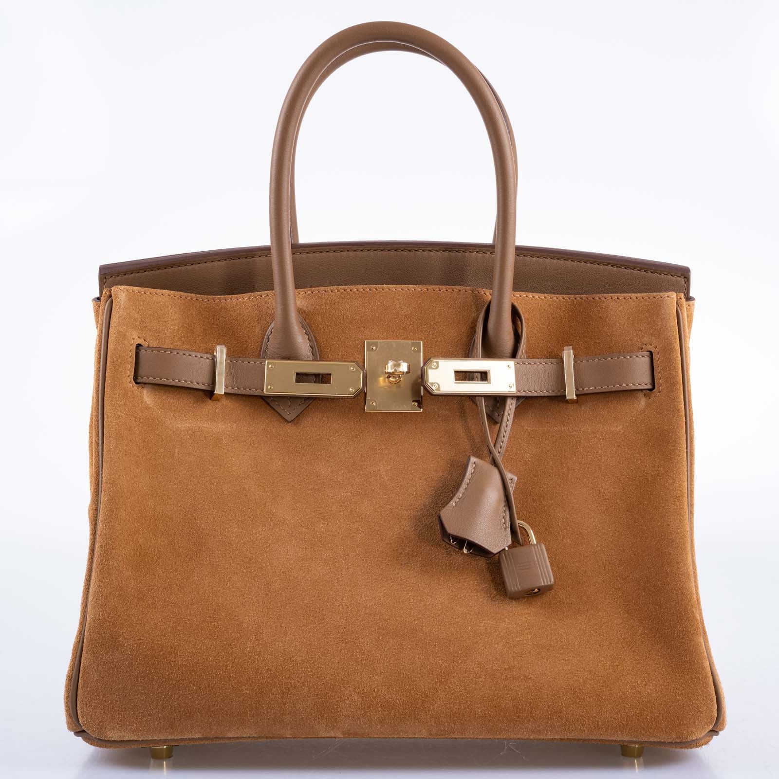 Hermès Birkin 30 Grizzly Chamois Veau Doblis Suede and Alezan Swift with Gold Hardware