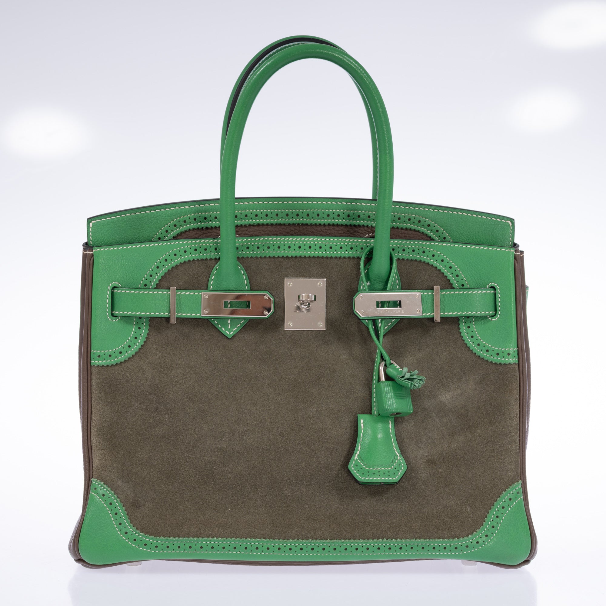 Hermès Birkin 30 Grizzly Ghillies Étoupe/Bambou/Vert de Gris Veau Doblis/Clemence/Evercolor Palladium Hardware