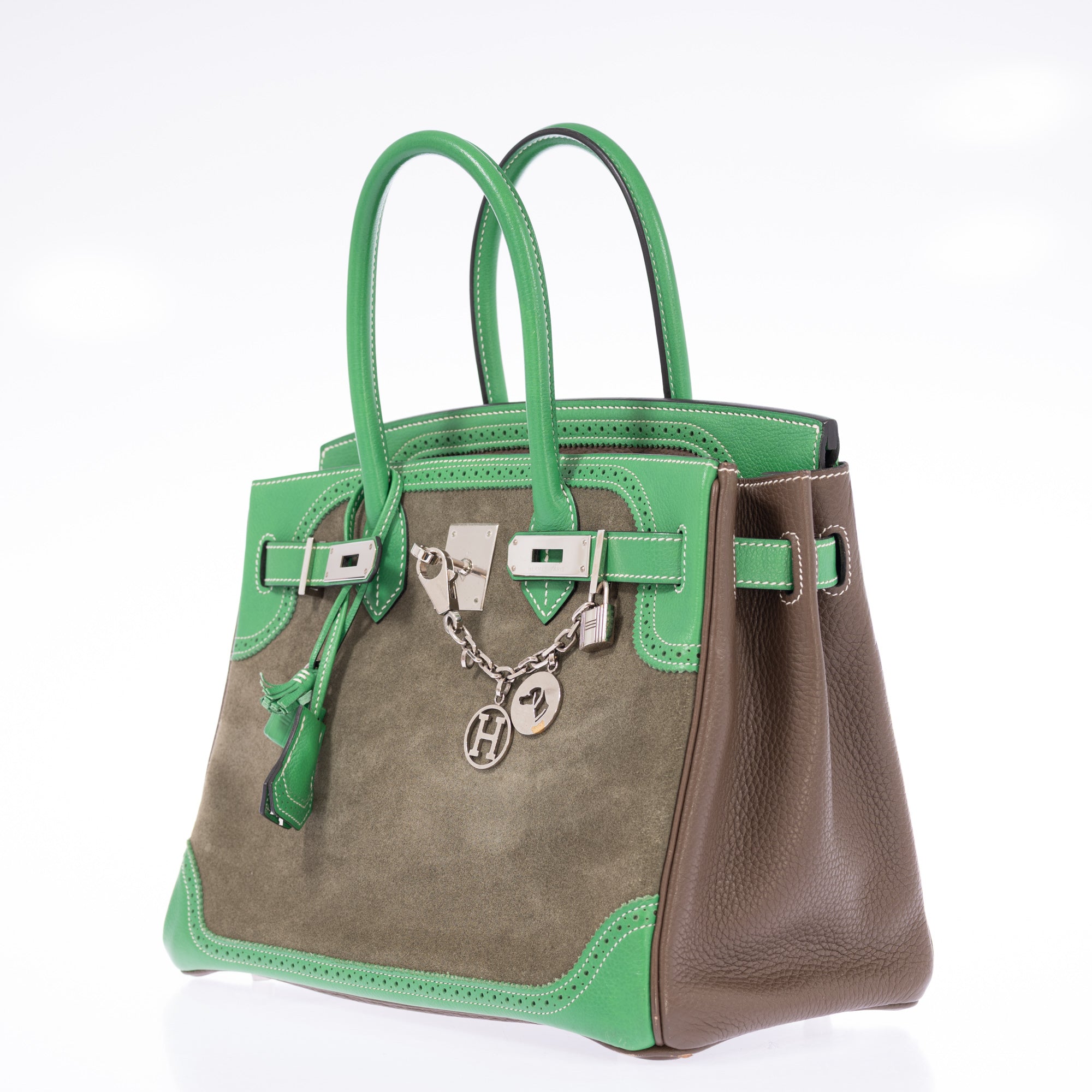 Hermès Birkin 30 Grizzly Ghillies Étoupe/Bambou/Vert de Gris Veau Doblis/Clémence/Evercolor Palladium Hardware