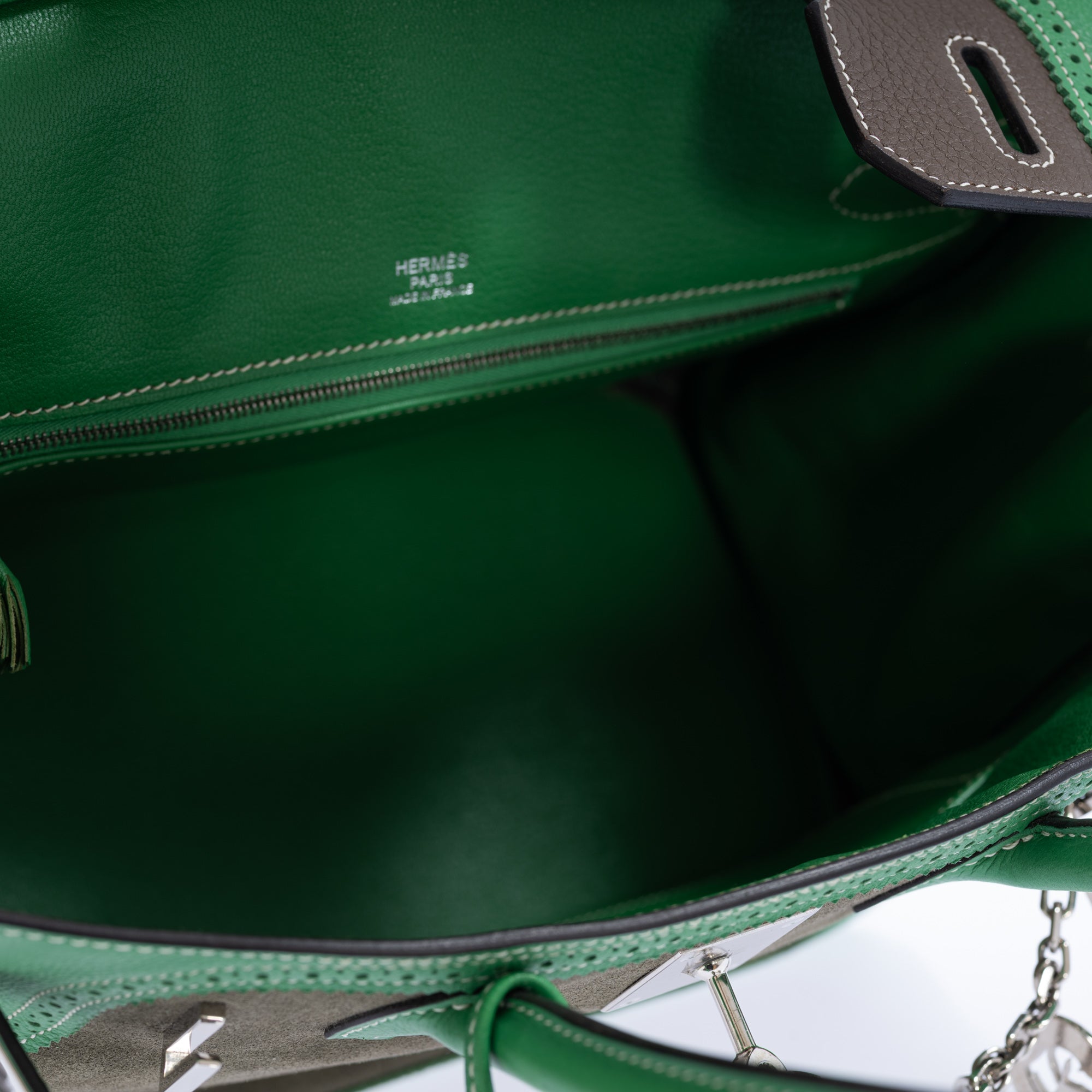 Hermès Birkin 30 Grizzly Ghillies Étoupe/Bambou/Vert de Gris Veau Doblis/Clemence/Evercolor Palladium Hardware