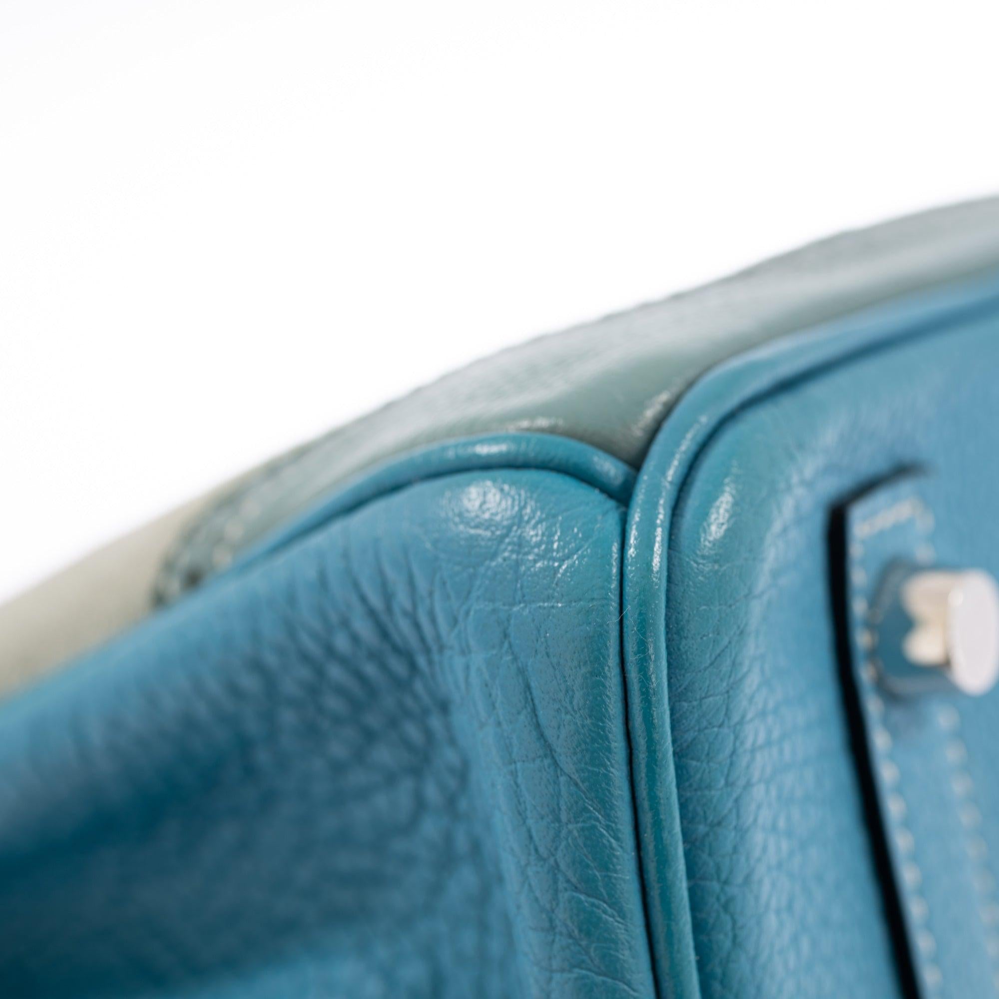 Hermès Birkin 30 Grizzly Ghillies Gris Perle Doblis, Ciel Evercolor & Turquoise Clémence Palladium Hardware